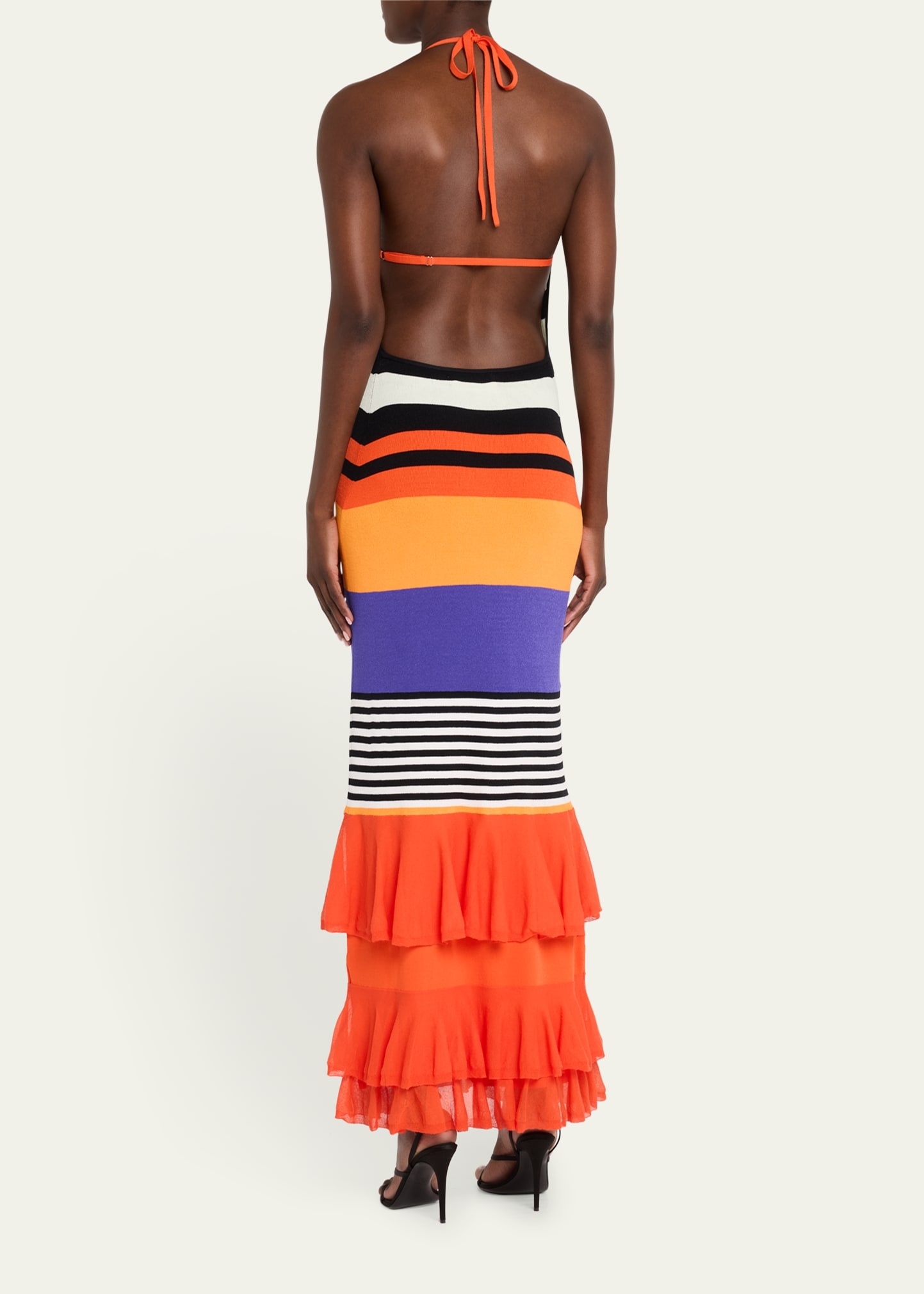 Striped Halter Neck Ruffle Dress - 3
