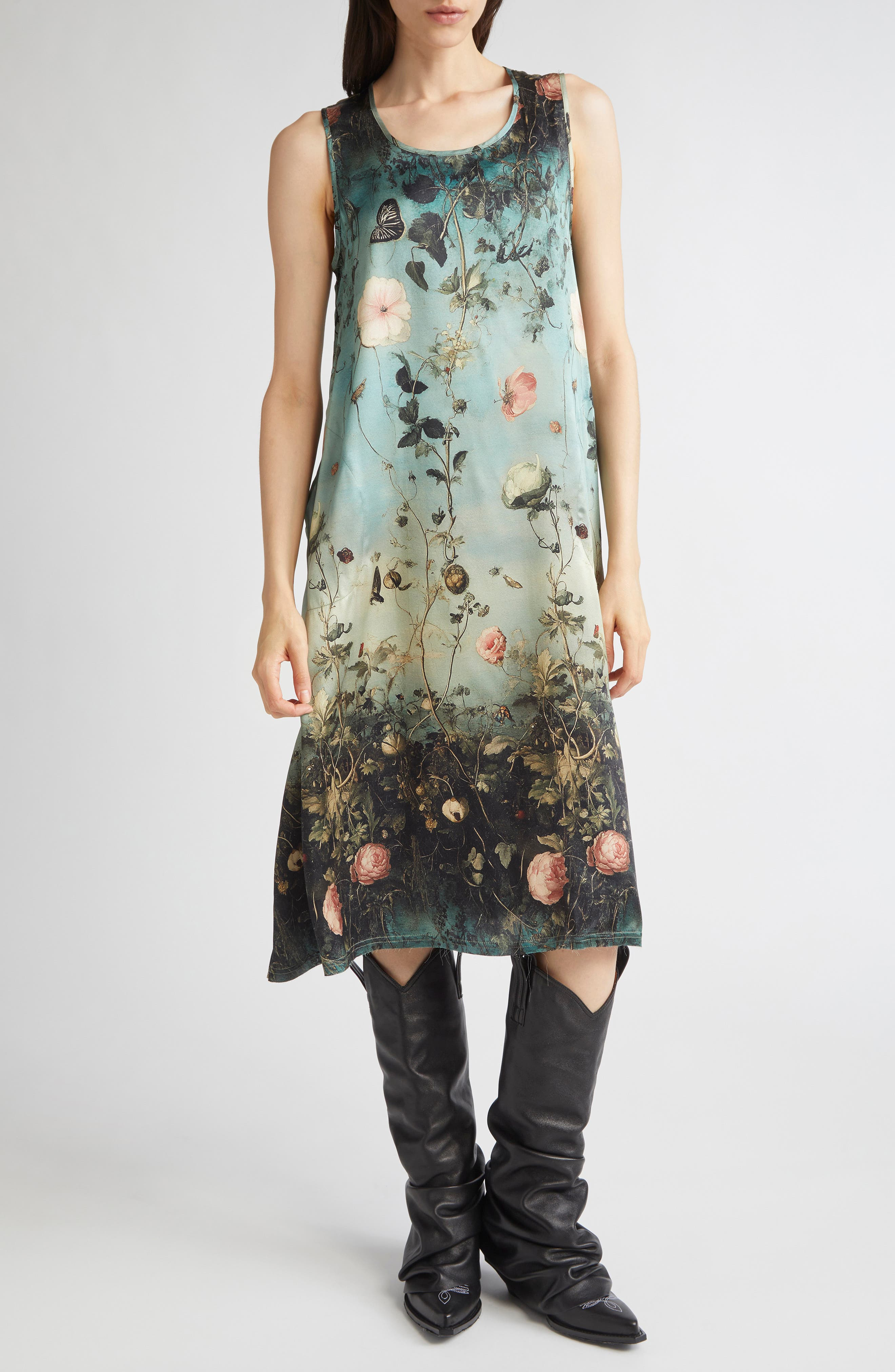 R13 Floral Print Sleeveless Midi Dress in Dipped Black Turquoise Floral at Nordstrom - 1