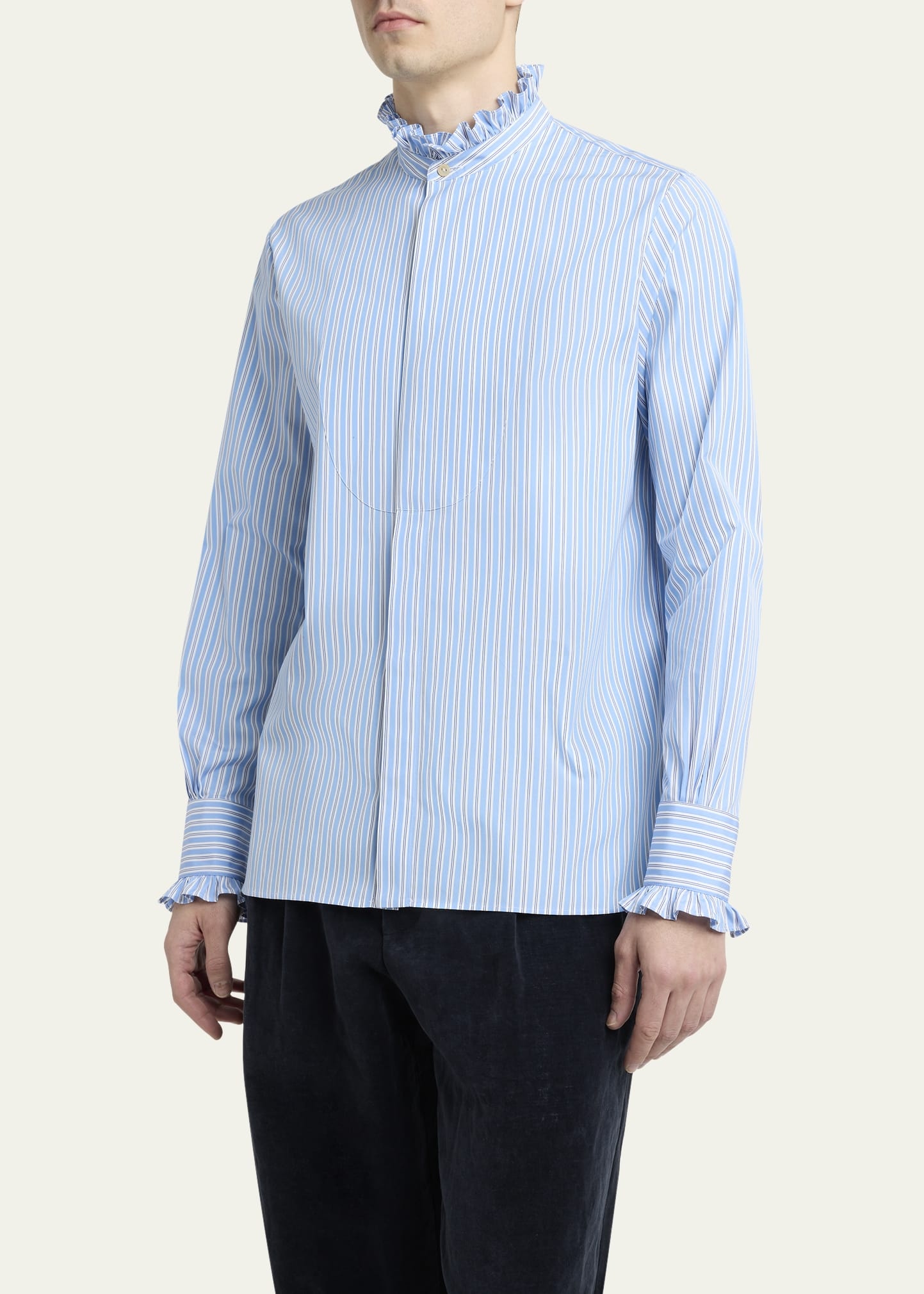 Men's Stripe Poplin Ruffle-Trim Sport Shirt - 4