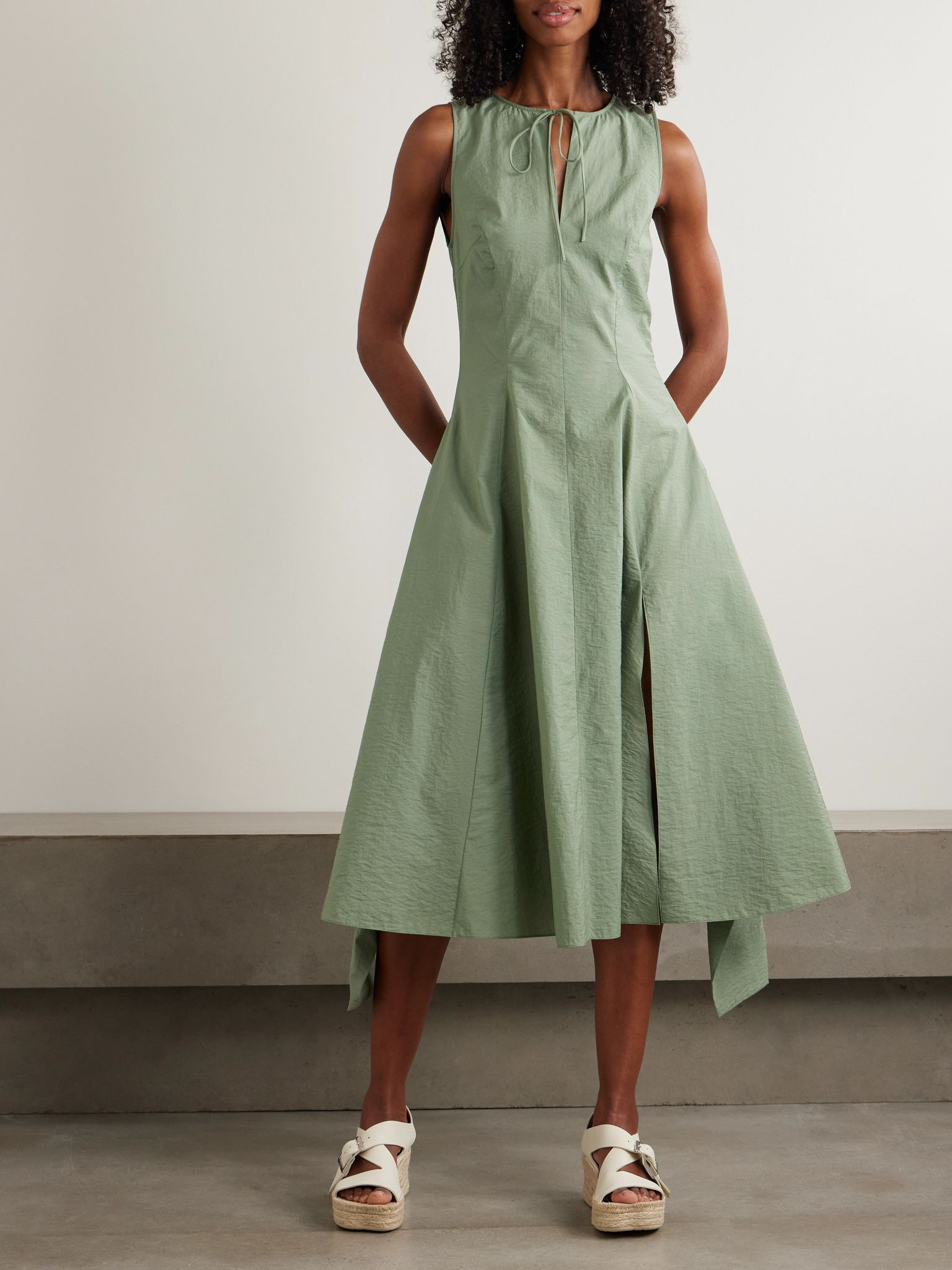 + Paula's Ibiza tie-detailed belted crinkled cotton-blend poplin midi dress Sage green - 3