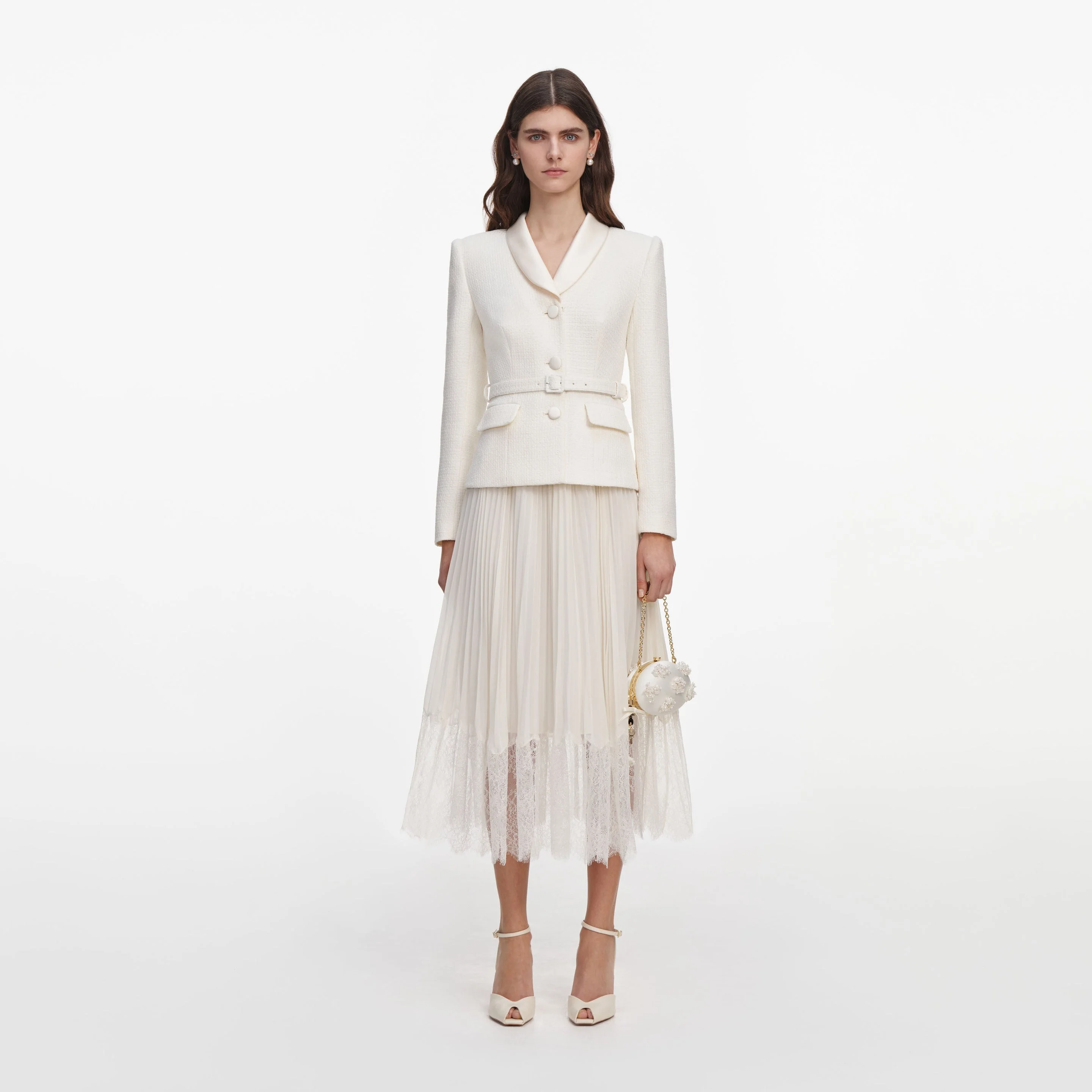 Cream Boucle Shawl Collared Midi Dress - 1