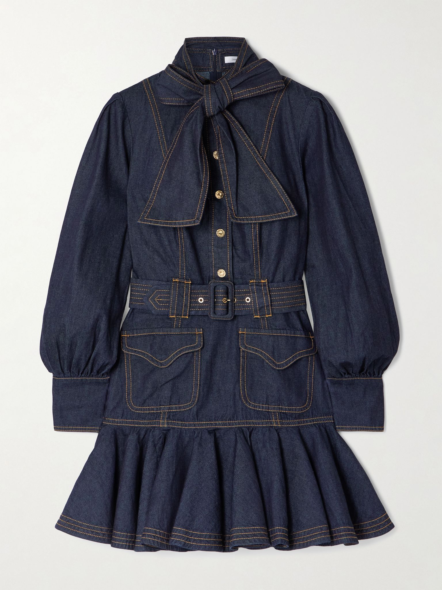 Tie-detailed belted ruffled denim mini dress Dark denim - 1