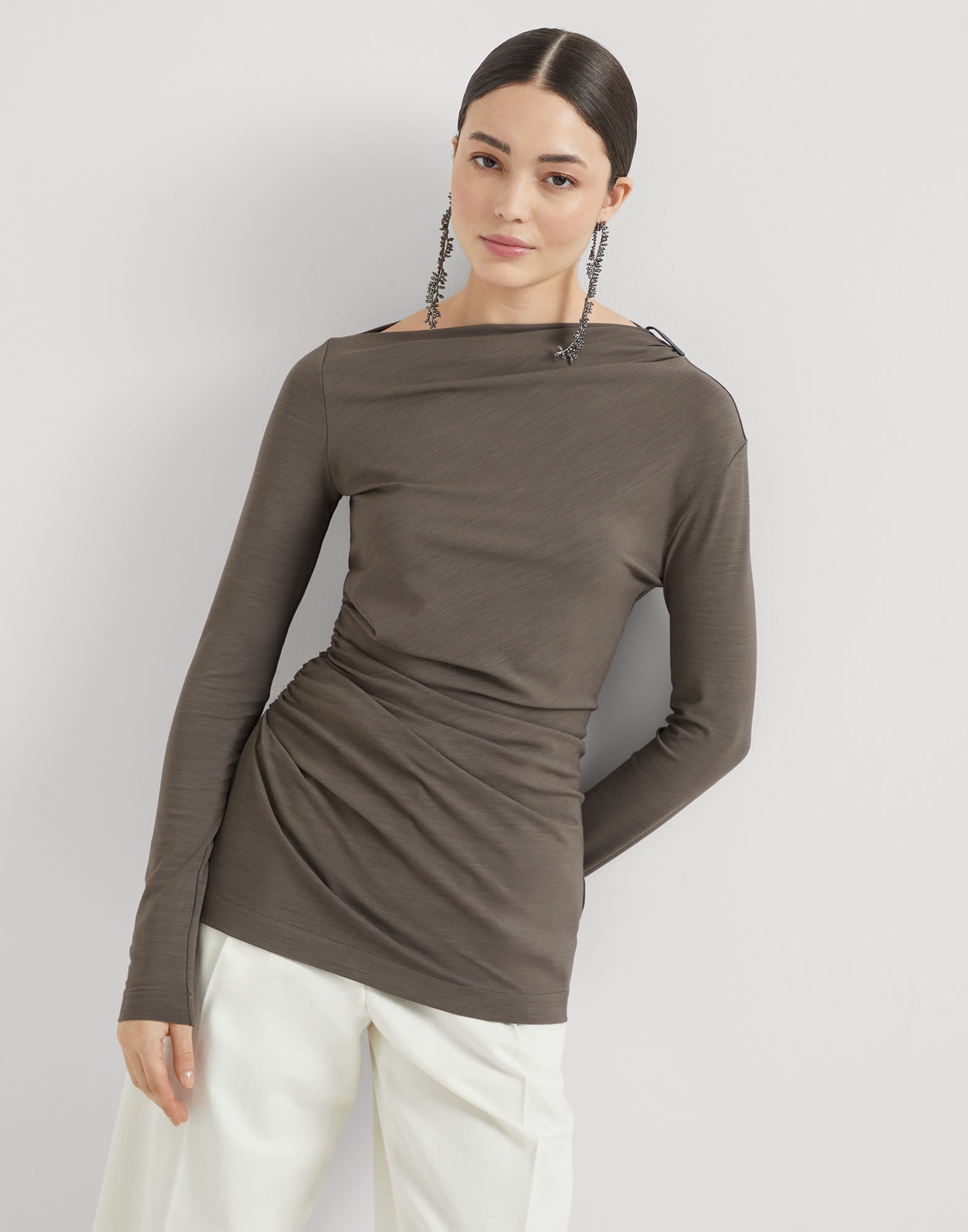 Techno wool jersey long sleeve ruched T-shirt with shiny detail - 4