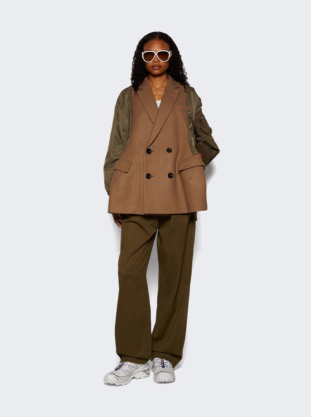Wool Melton X Nylon Twill Quilted Coat Khaki - 2