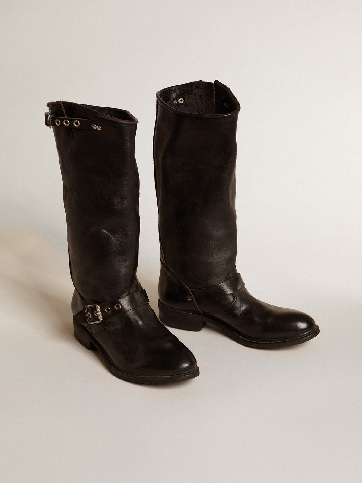 High Biker boots in black leather with silver studs and buckles - 2
