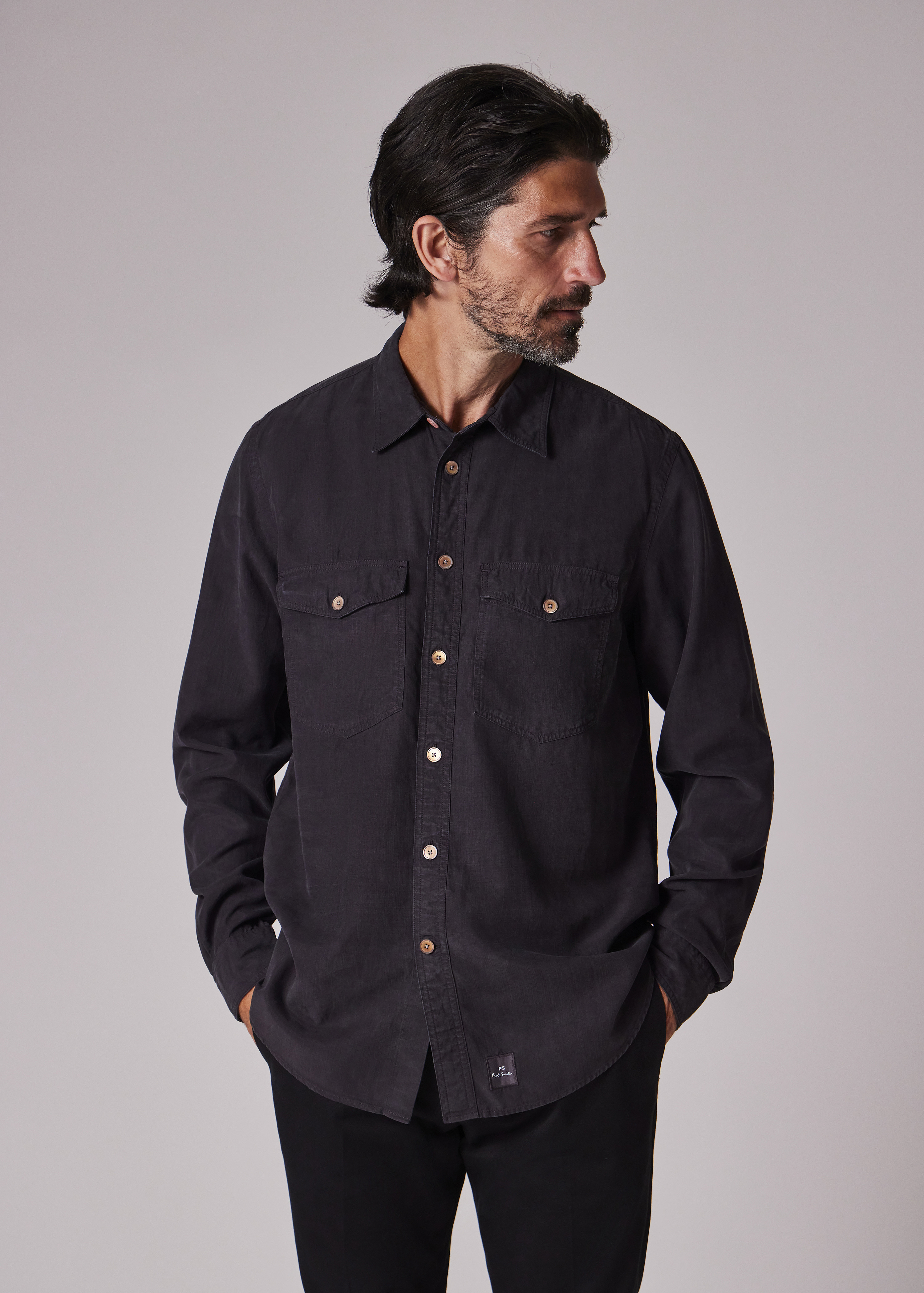 Black Lyocell-Cotton Patch-Pocket Shirt - 3