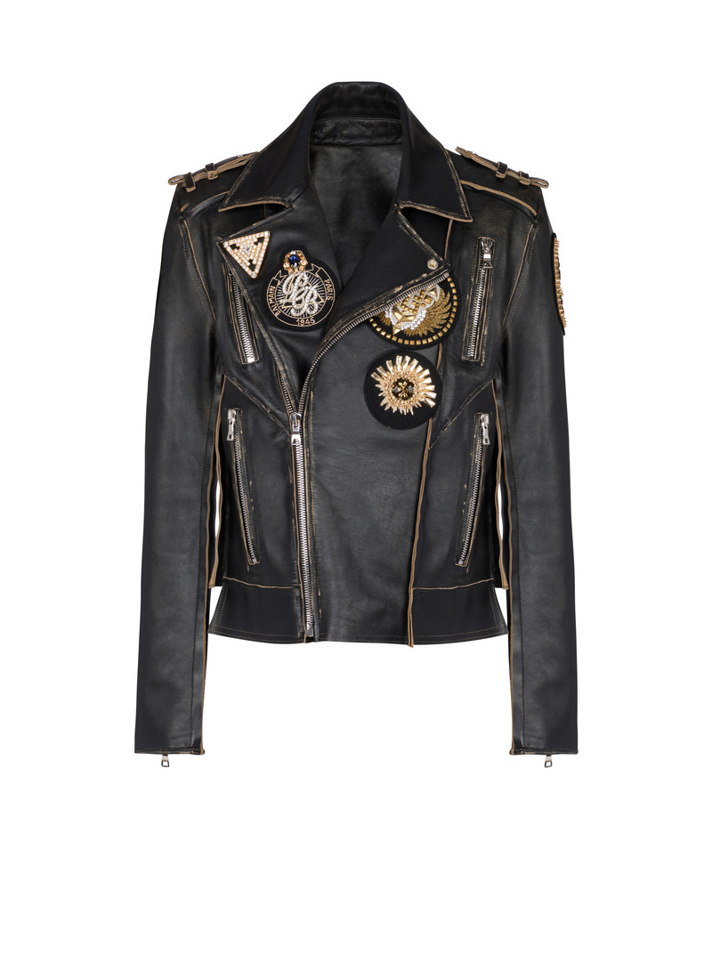 Leather biker jacket with embroidered badges 1