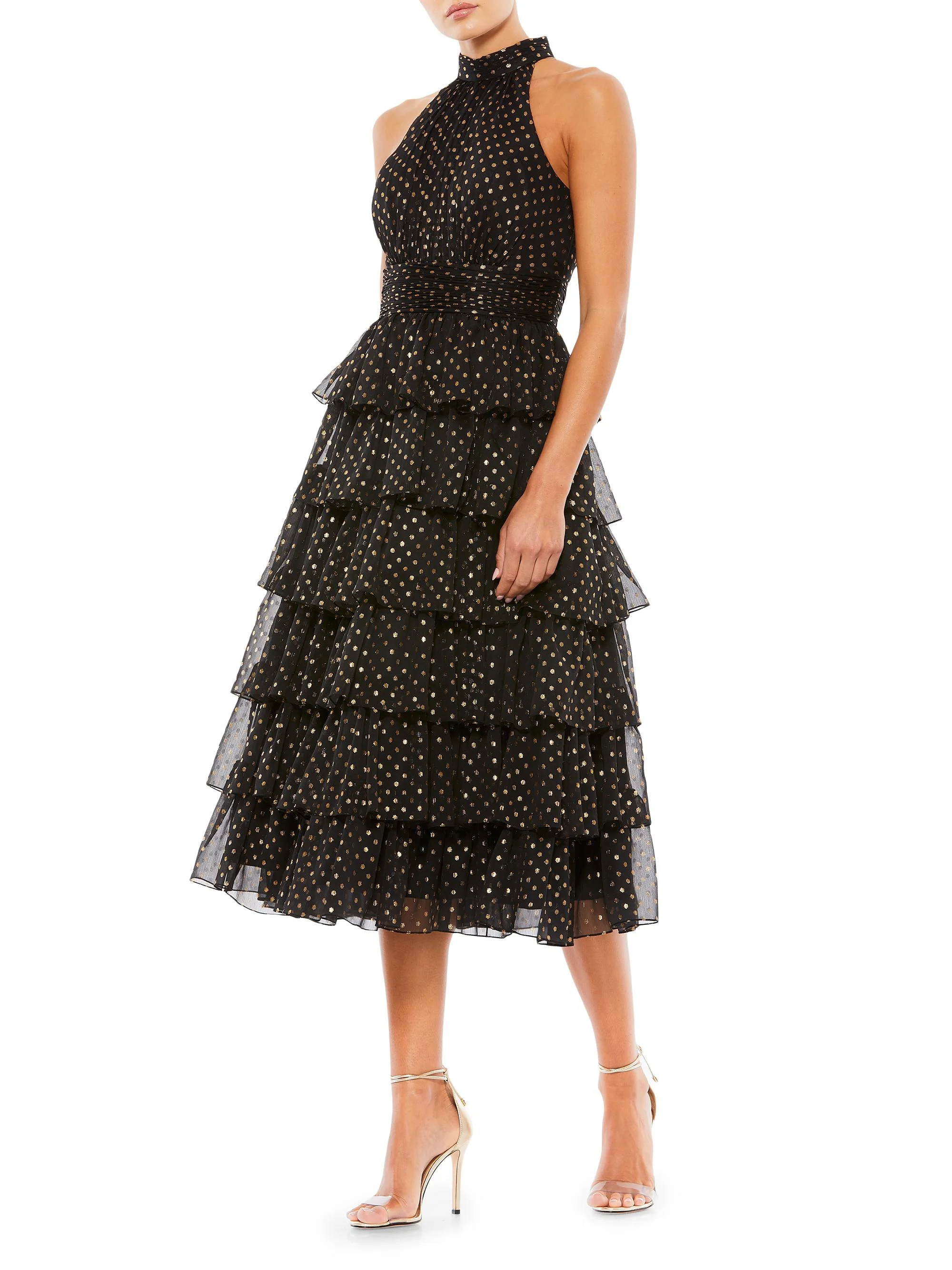 Women's High-Neck Tiered Dotted Midi-Dress - Black Gold - 1