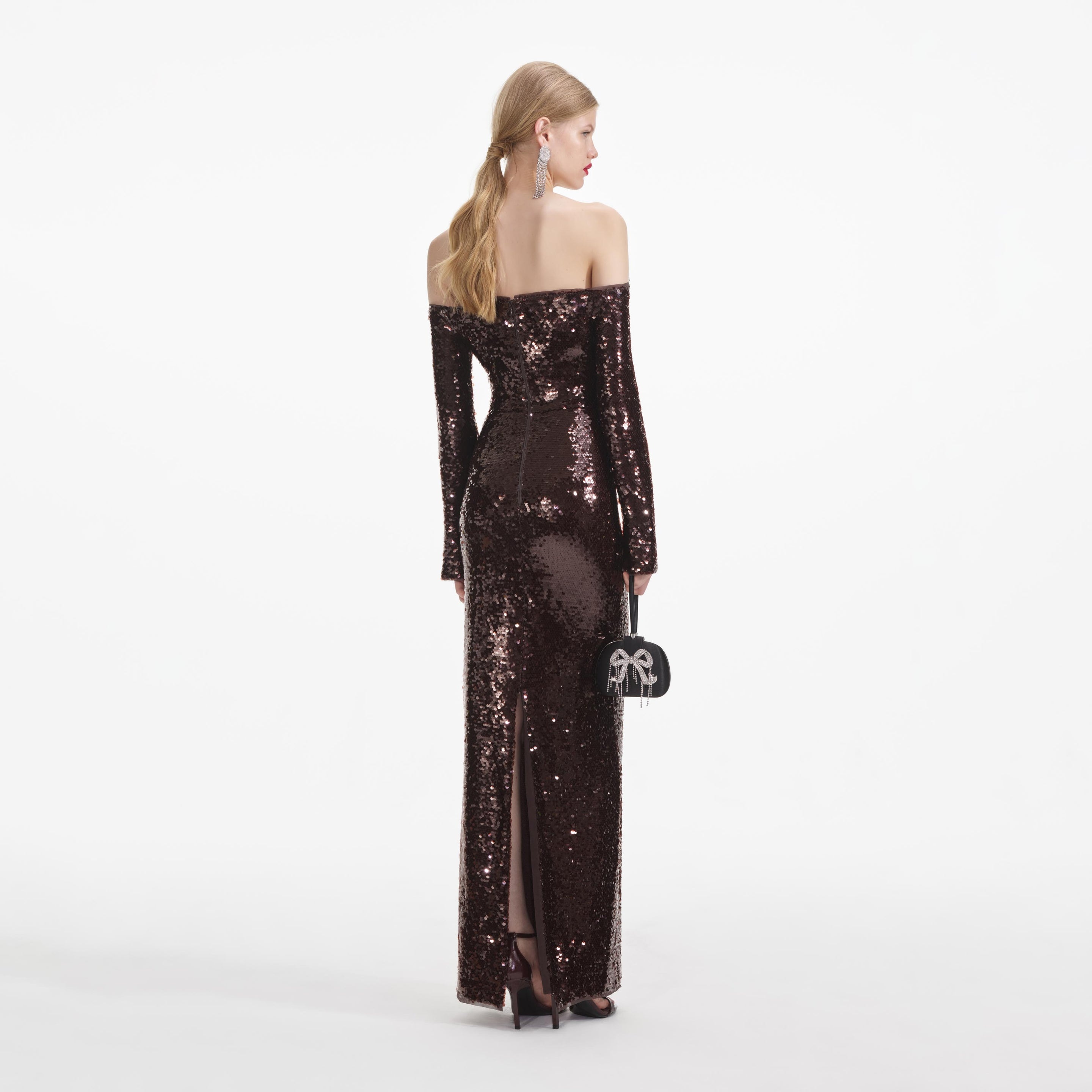 Brown Sequin Off Shoulder Maxi Dress - 3