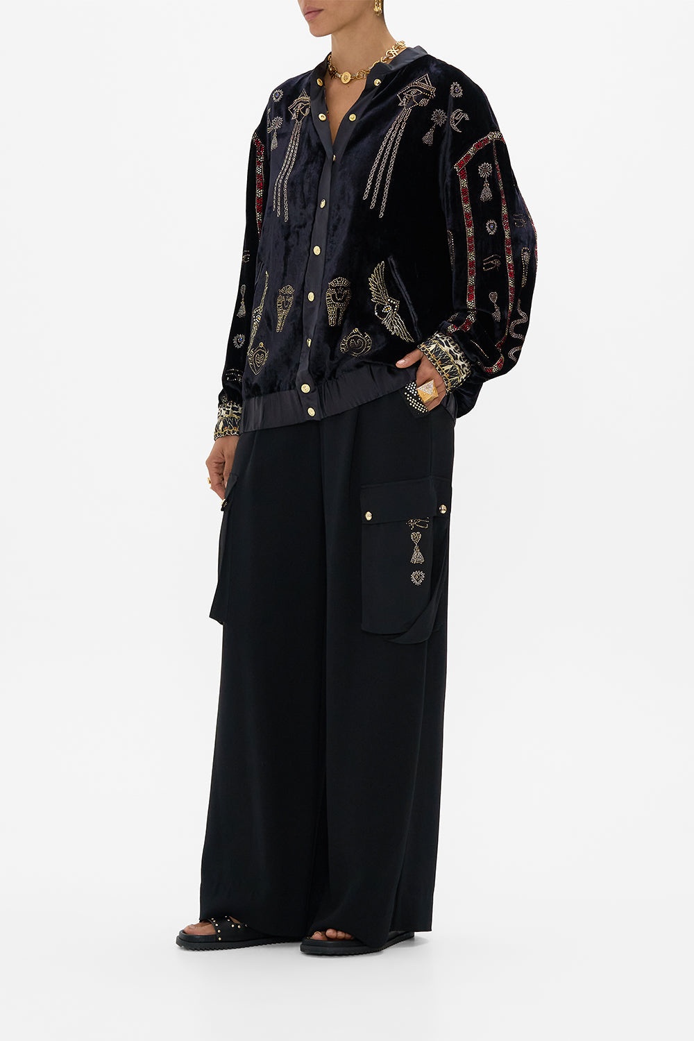 VELVET LONGLINE VARSITY JACKET - 4