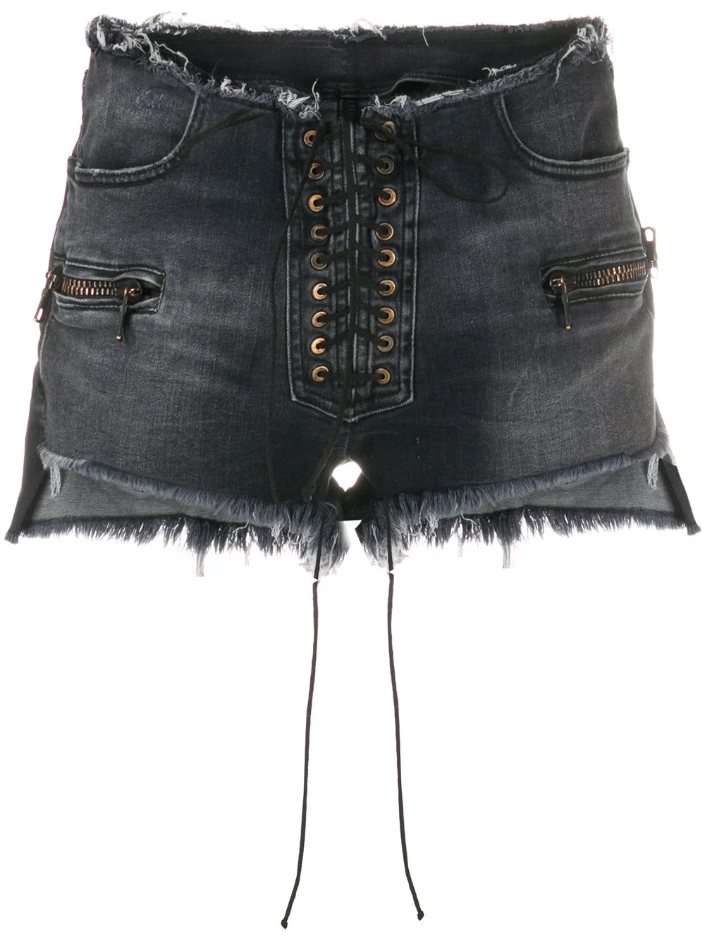 frayed lace-up denim shorts - 1