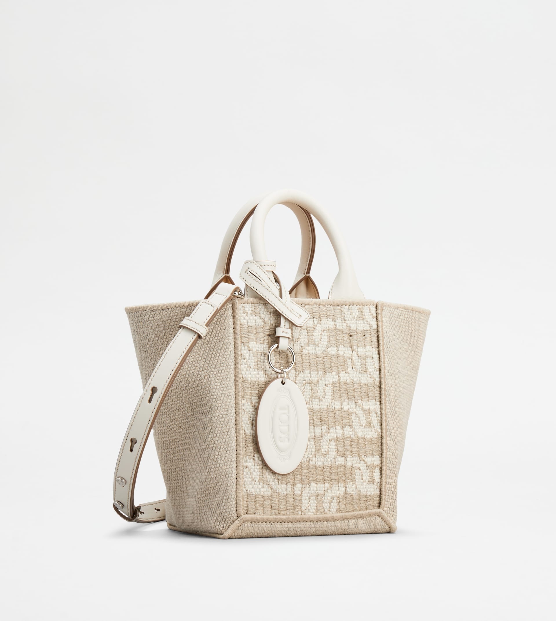 TOD'S DOUBLE UP SHOPPING BAG IN FABRIC AND LEATHER MINI - BEIGE - 5