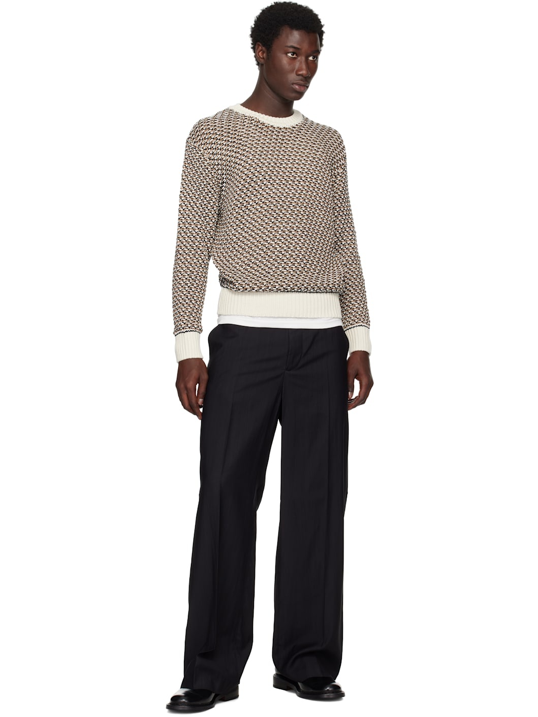 Beige Cotton Rich Knitted Structure Sweater - 4