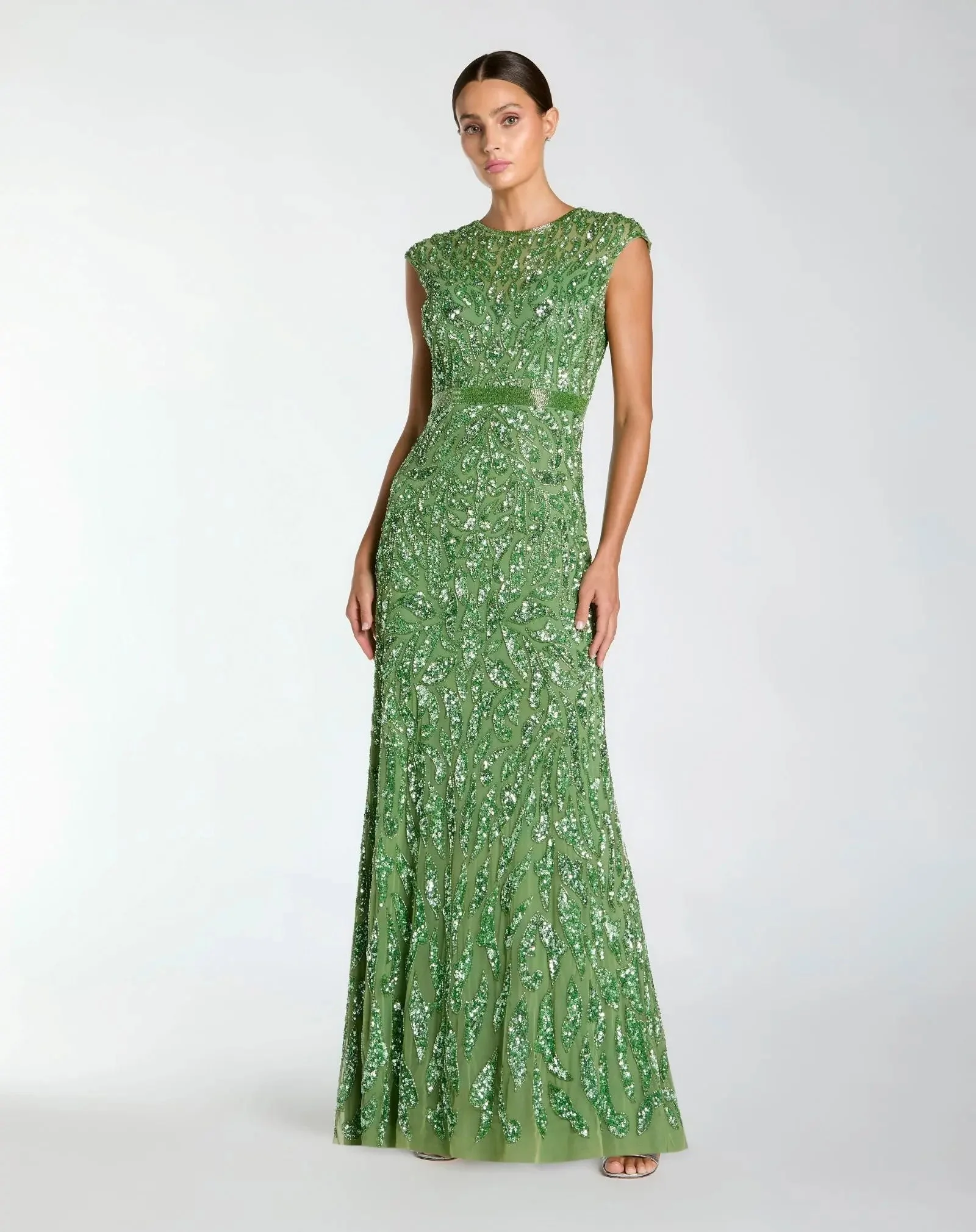 Green Embellished High Neck Cap Sleeve Gown - 1