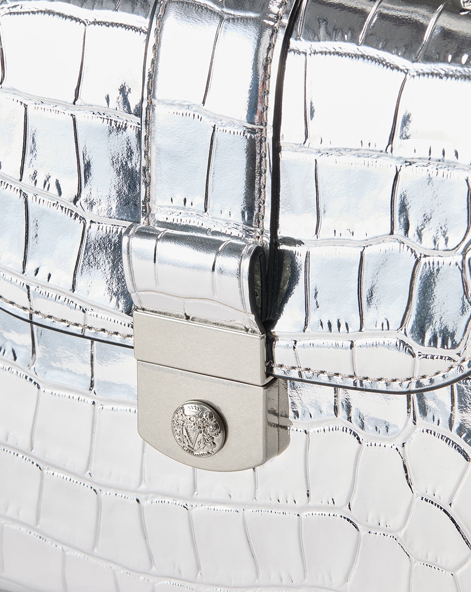CROC-EMBOSSED CREST LOCK TOP HANDLE BAG - 3