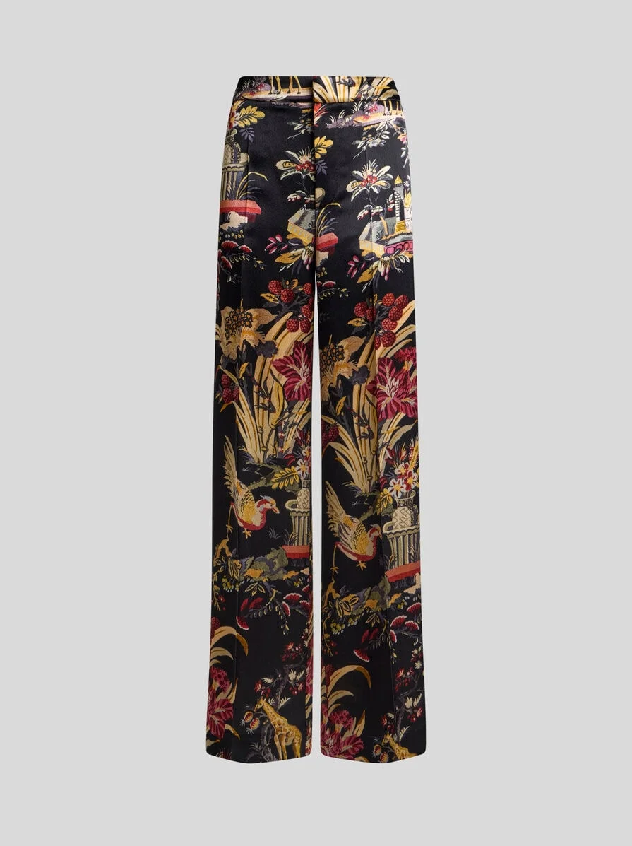 ENVERS SATIN TROUSERS WITH FLOWER AND ANIMAL MOTIF - 1