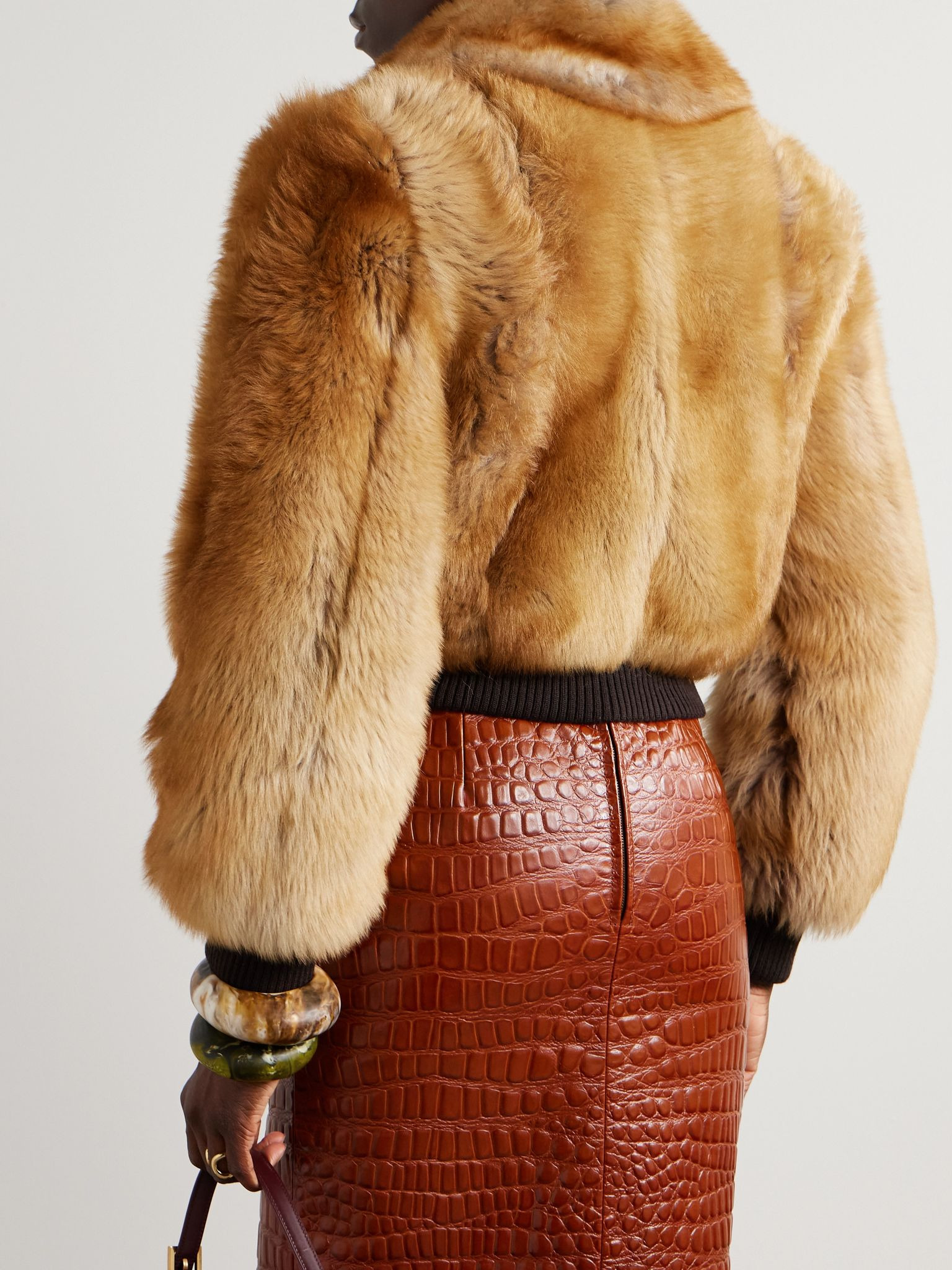 Leather-trimmed shearling bomber jacket Brown - 3