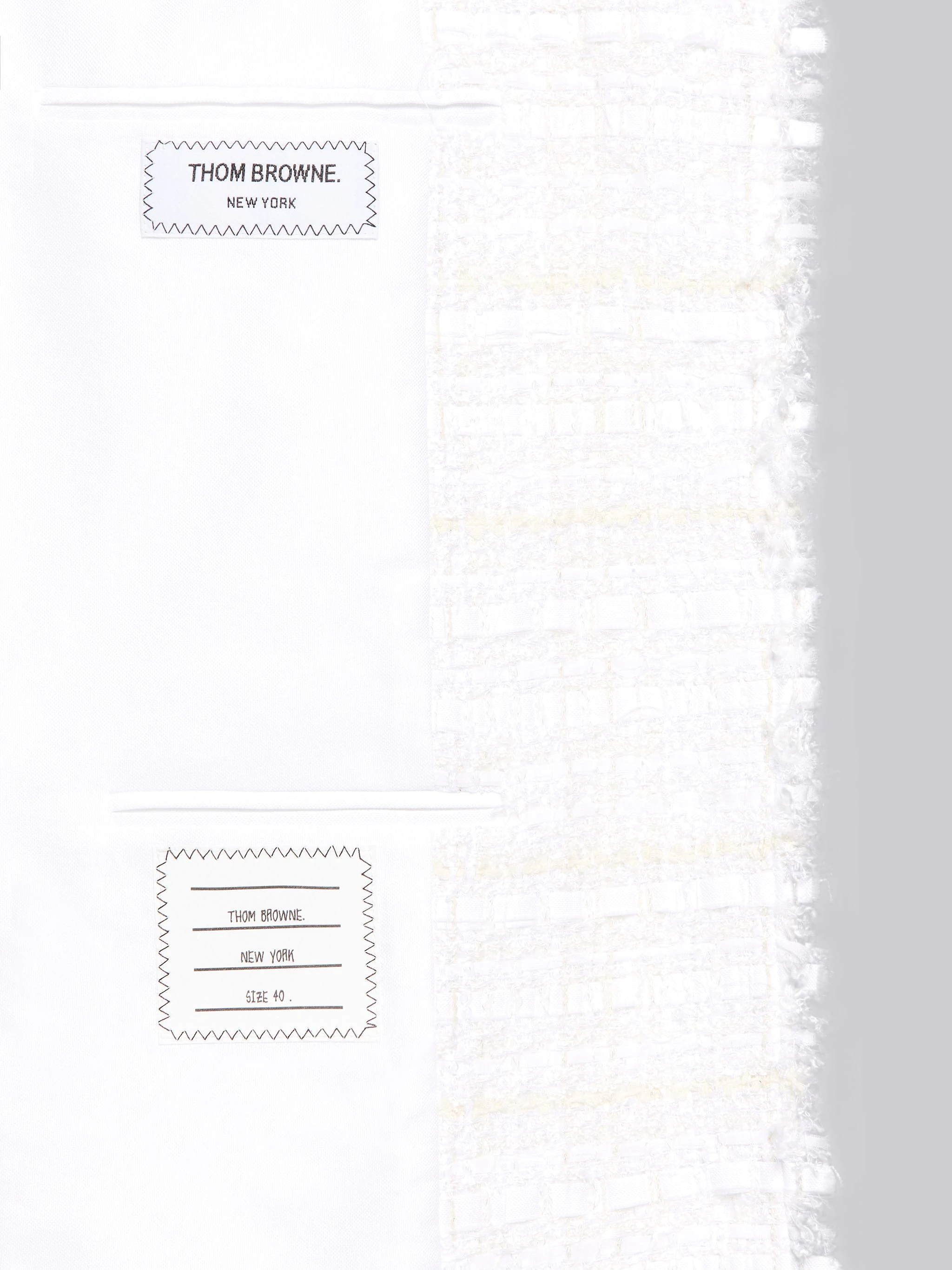 White Cotton Oxford Ribbon Tweed Frayed Crewneck Cardigan Overcoat - 6