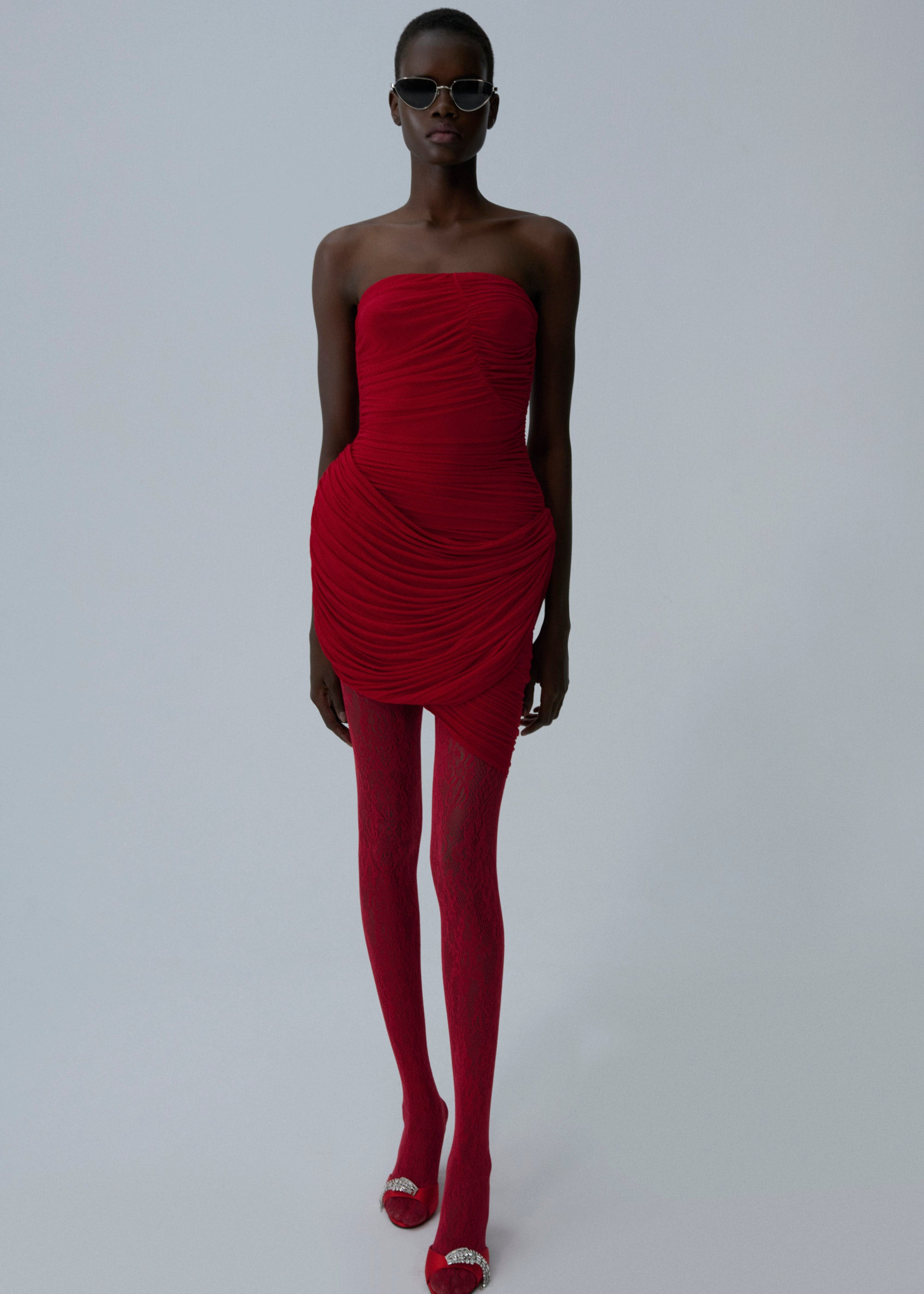 Strapless ruched floral mini dress in red - 3