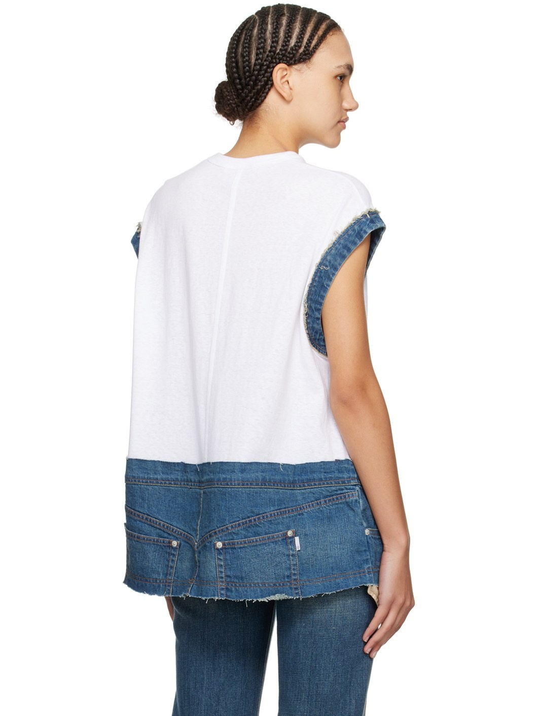 White & Blue Paneled Denim T-Shirt - 3