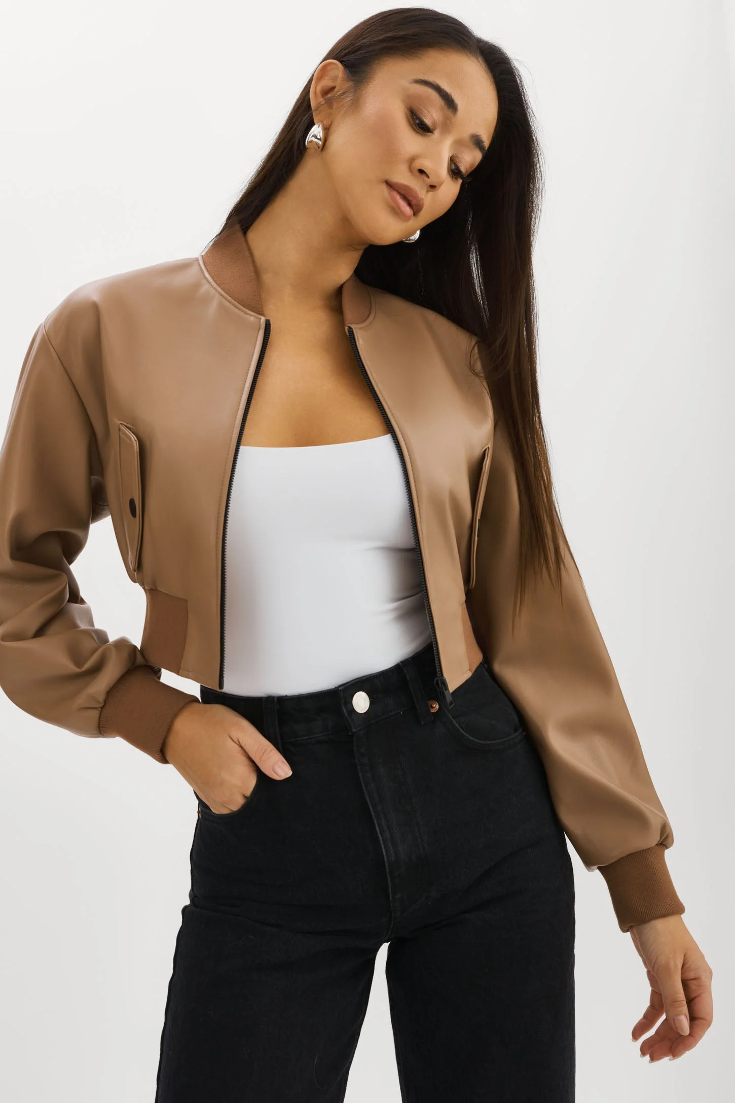 EVELIN | Cropped Faux Leather Bomber Jacket - 1