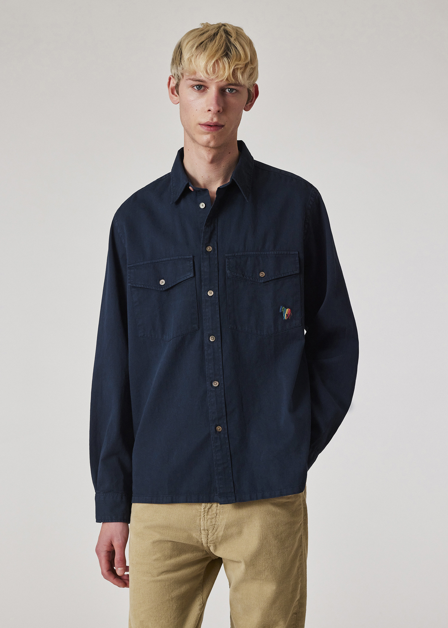 Navy 'Broad Stripe Zebra' Cotton-Twill Pocket Shirt - 3