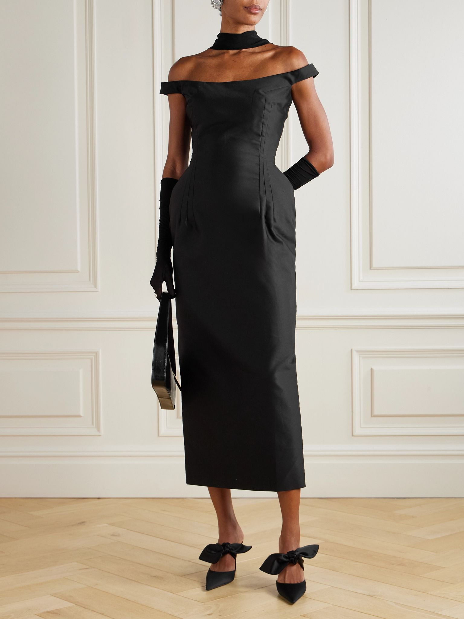Off-the-shoulder cotton-sateen midi dress Black - 2