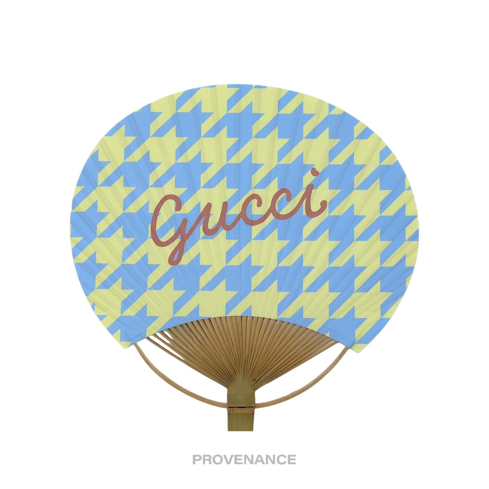 Gucci Logo Bamboo Hand Fan - Houndstooth Yellow Blue - 2
