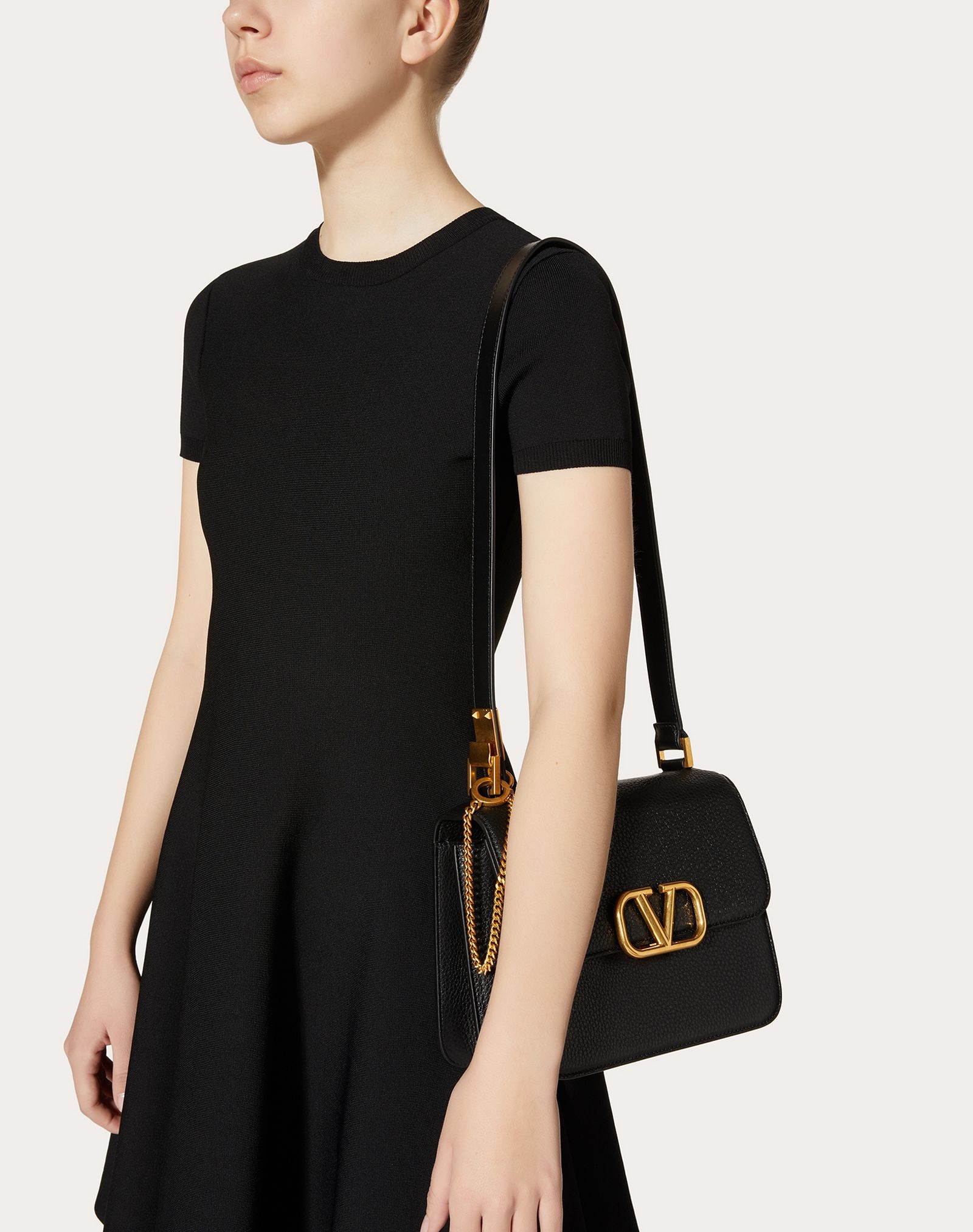 VSLING Grainy Calfskin Shoulder Bag with Contrast Stitching - 6