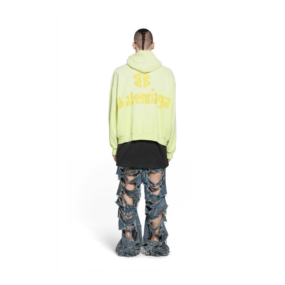 Tape Type Ripped Pocket Hoodie Large Fit in Fluo Yellow - 4