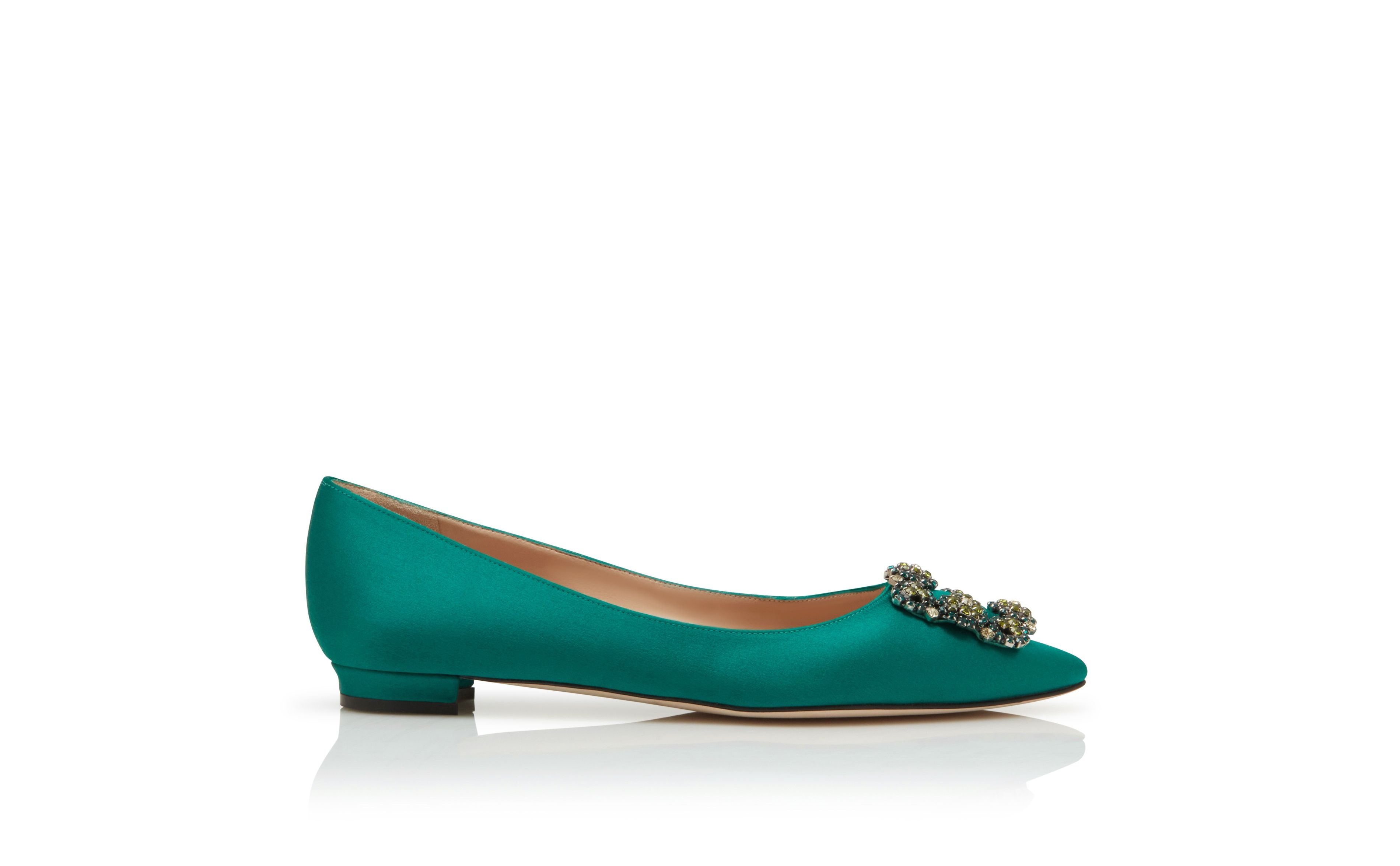 Green Satin Jewel Buckled Flats - 1