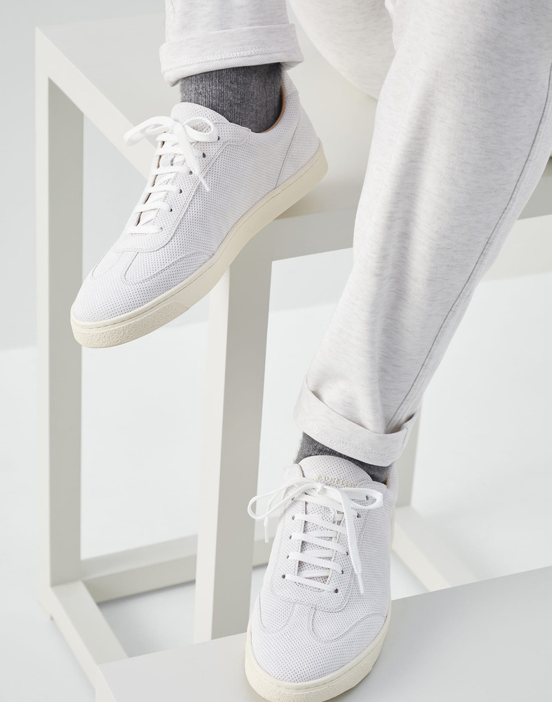 Punched suede sneakers with natural rubber sole 4