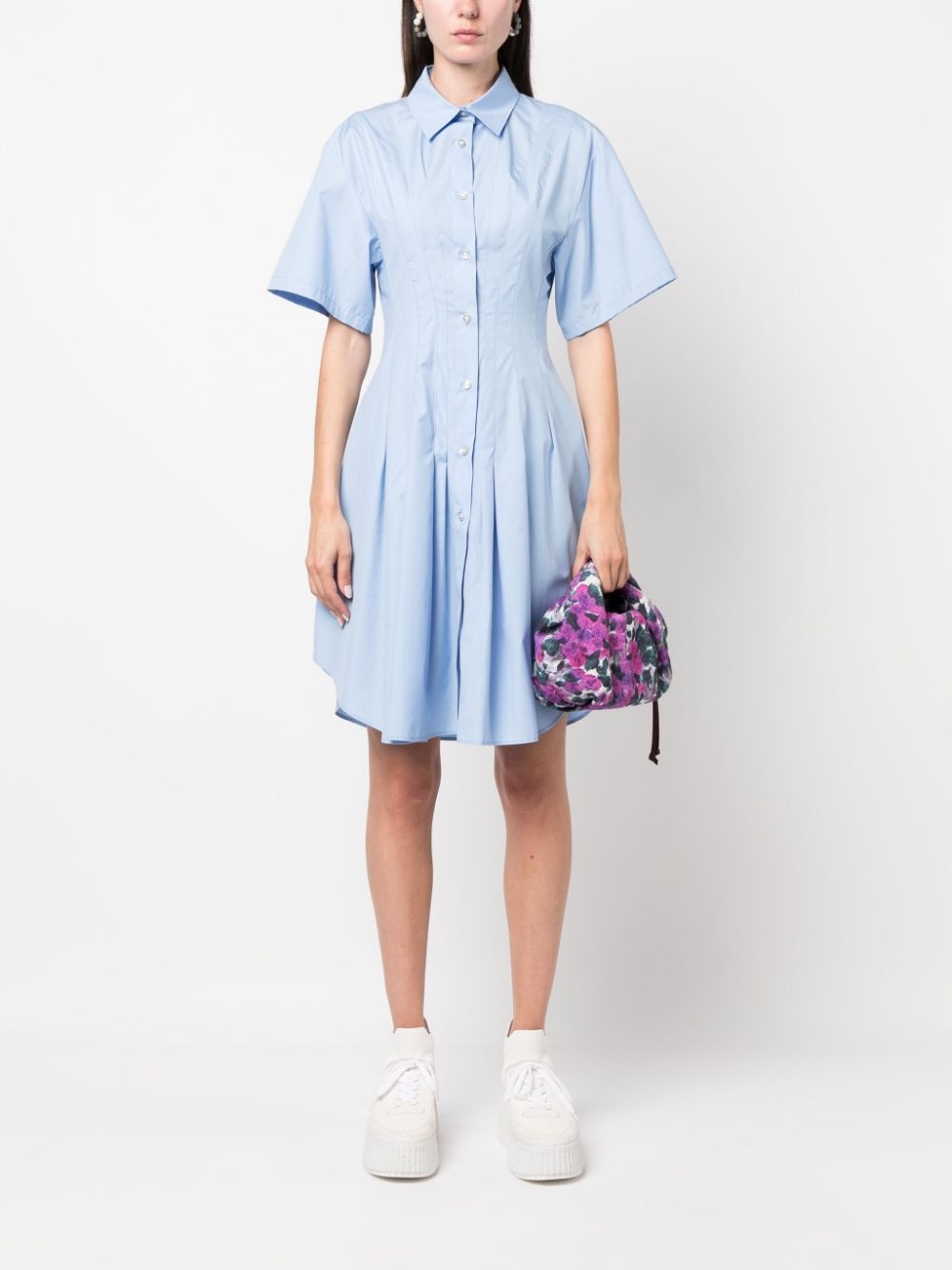 pleat-detailing flared cotton shirtdress - 2