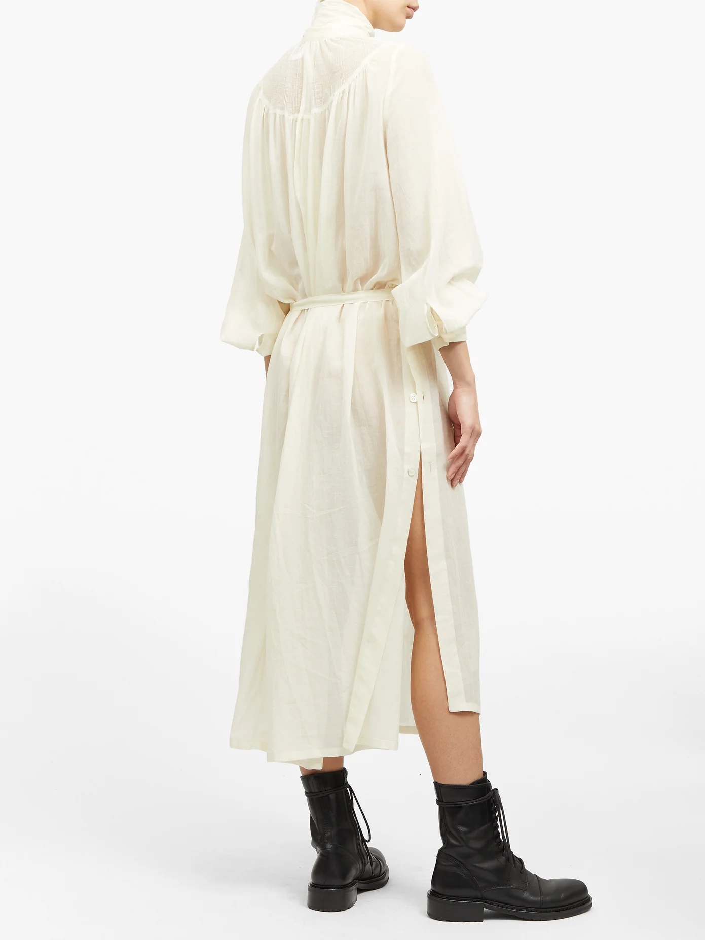 Tie-neck balloon-sleeve voile midi dress - 5