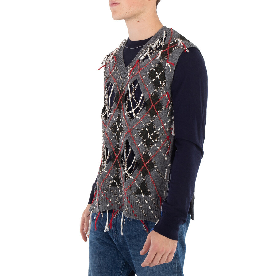 Maison Margiela Men's Grey / Dark Green / Walnut Cut-Out Intarsia-Knit Vest - 4