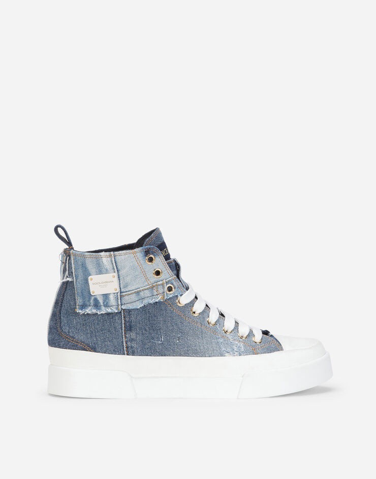 Patchwork denim Portofino light high-top sneakers with logo plate - 1