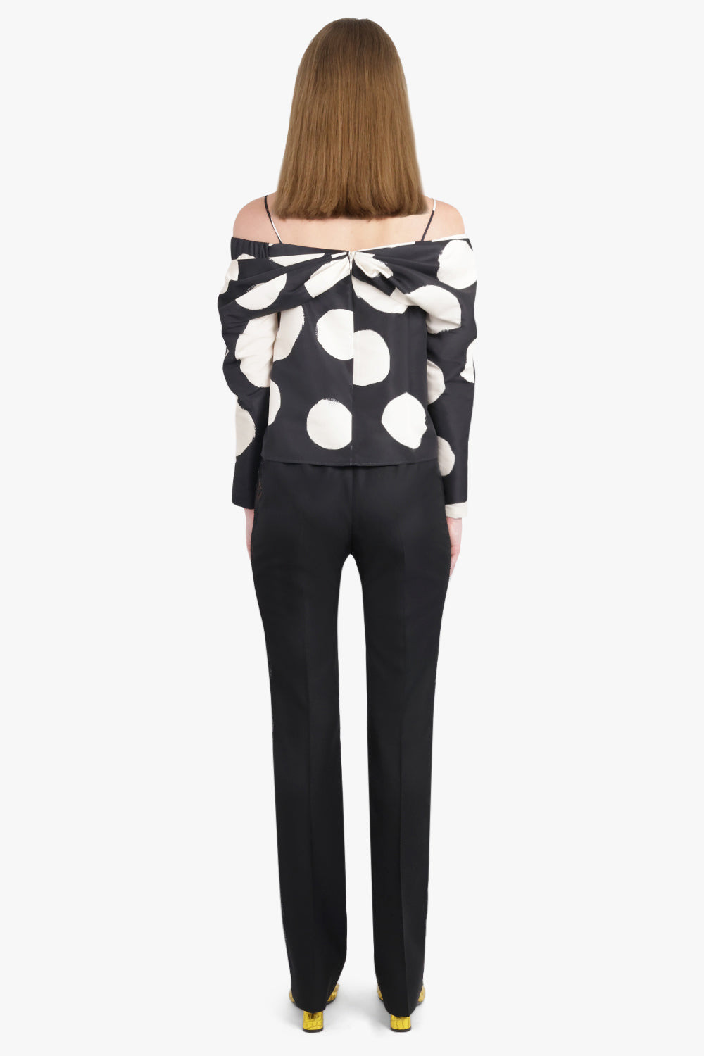 POLKA DOT OFF SHOULDER BOW DETAIL L/S TOP | BLACK/WHITE - 5