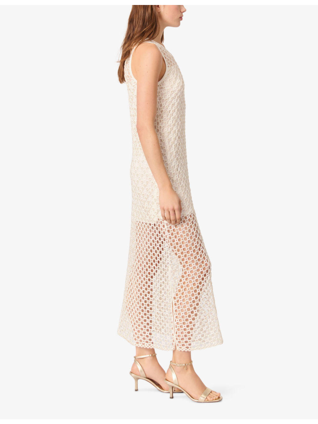 Bead-Embellished Crochet-Overlay Woven Midi Dress - 3