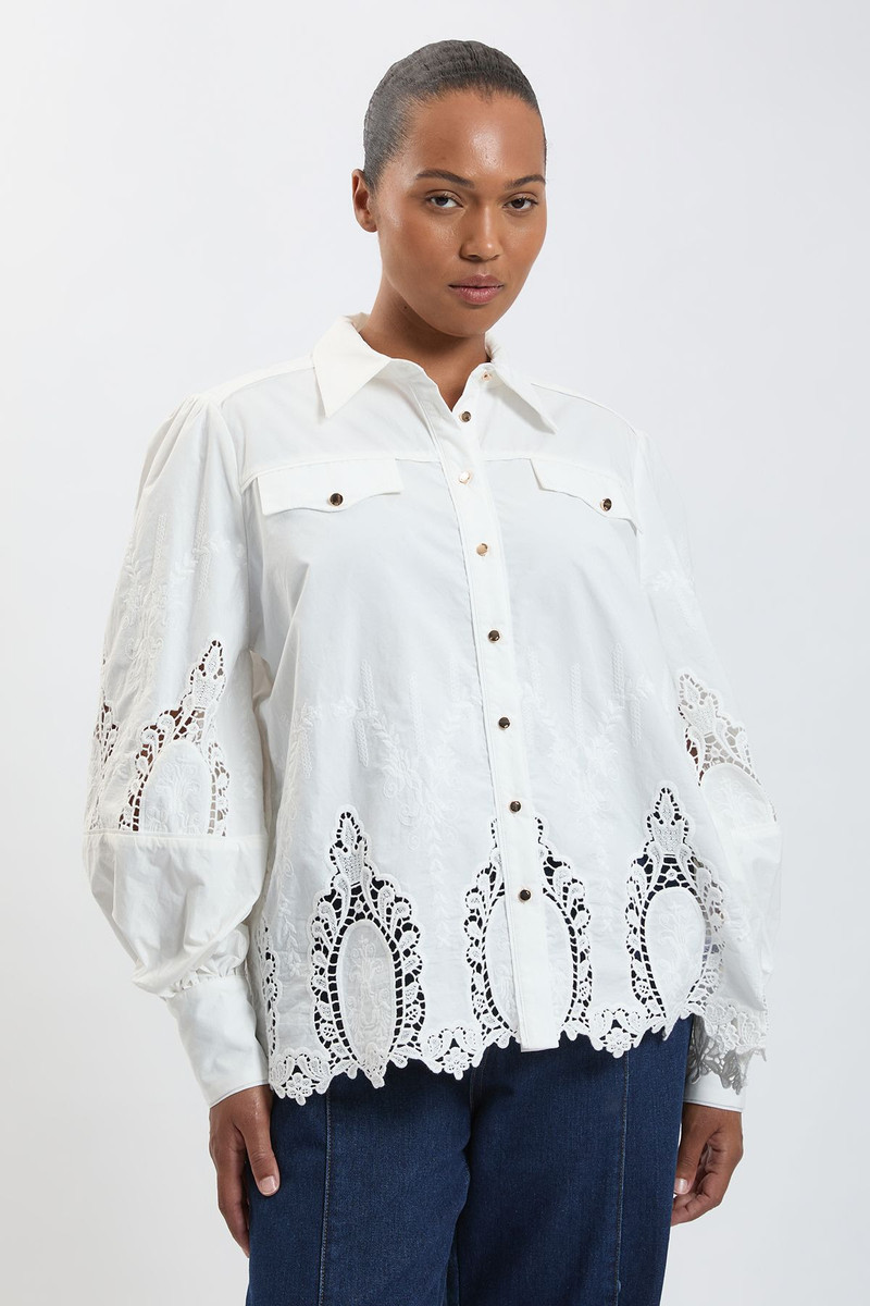Plus Size Cotton Cutwork Balloon Sleeve Woven Shirt 1