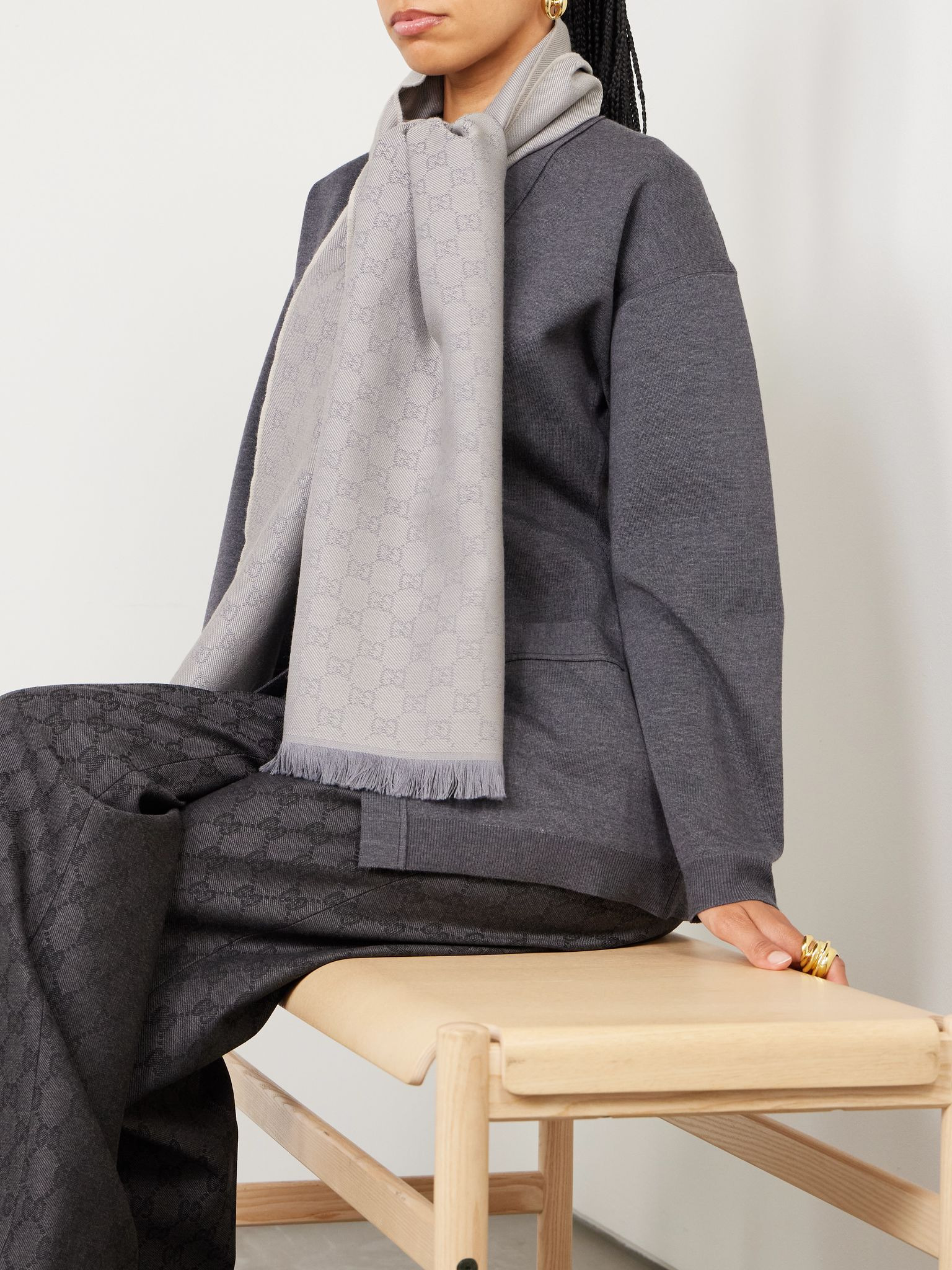 Frayed wool-jacquard scarf Gray - 2