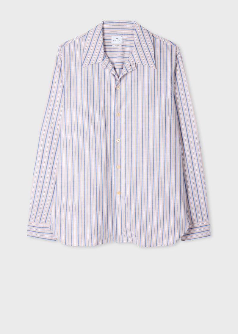 Tan and Blue Slub Stripe Cotton Shirt 1