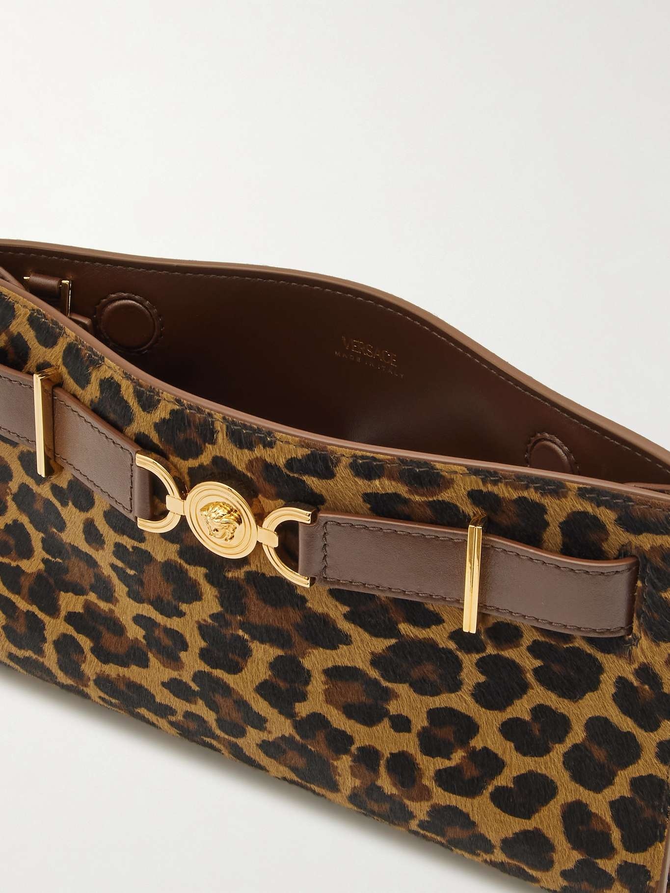 VERSACE Medusa 95 embellished leather-trimmed leopard-print