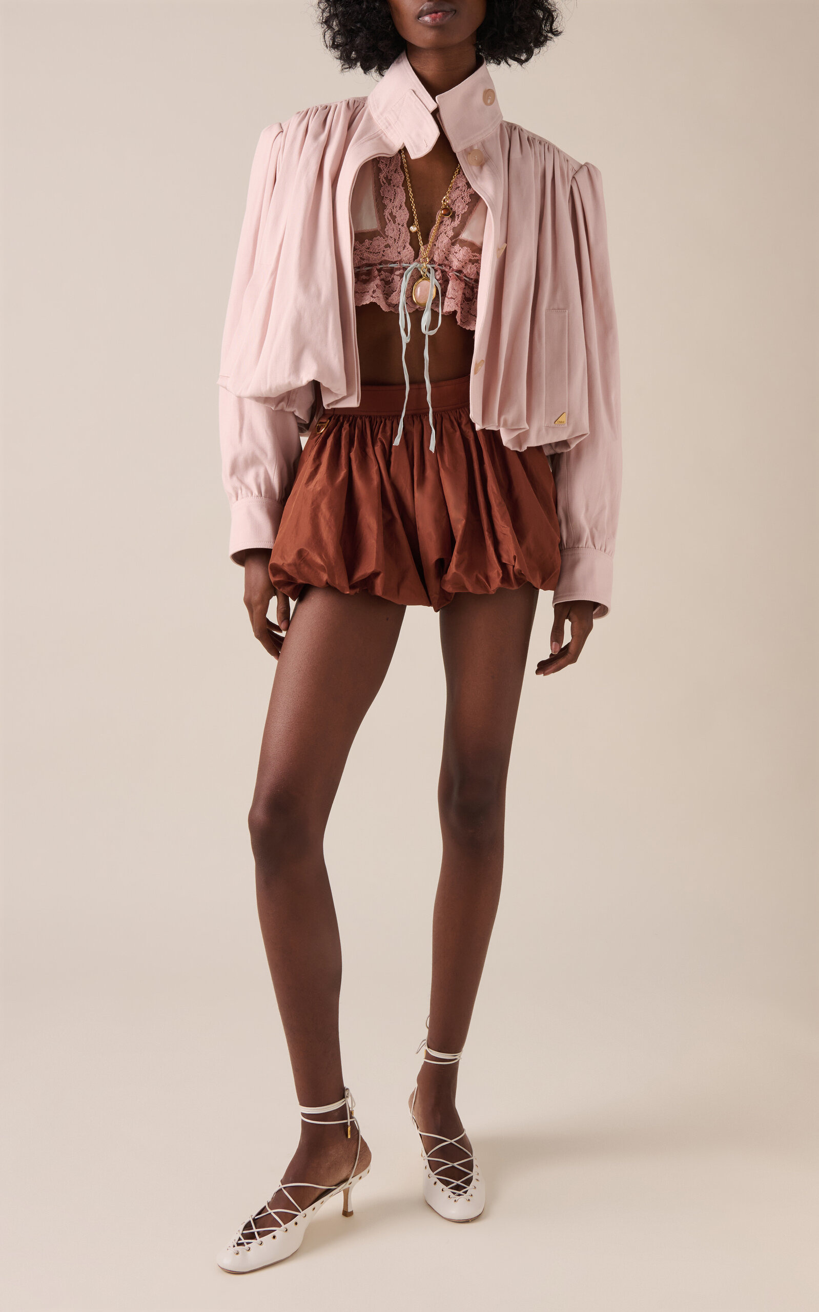 Puff-Sleeve Cotton Canvas Cropped Jacket light pink - 3