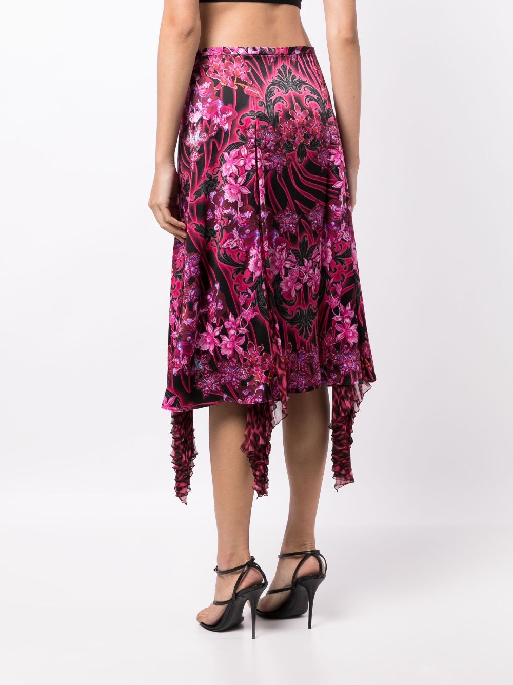 Orchid Barocco-print asymmetric silk skirt - 4