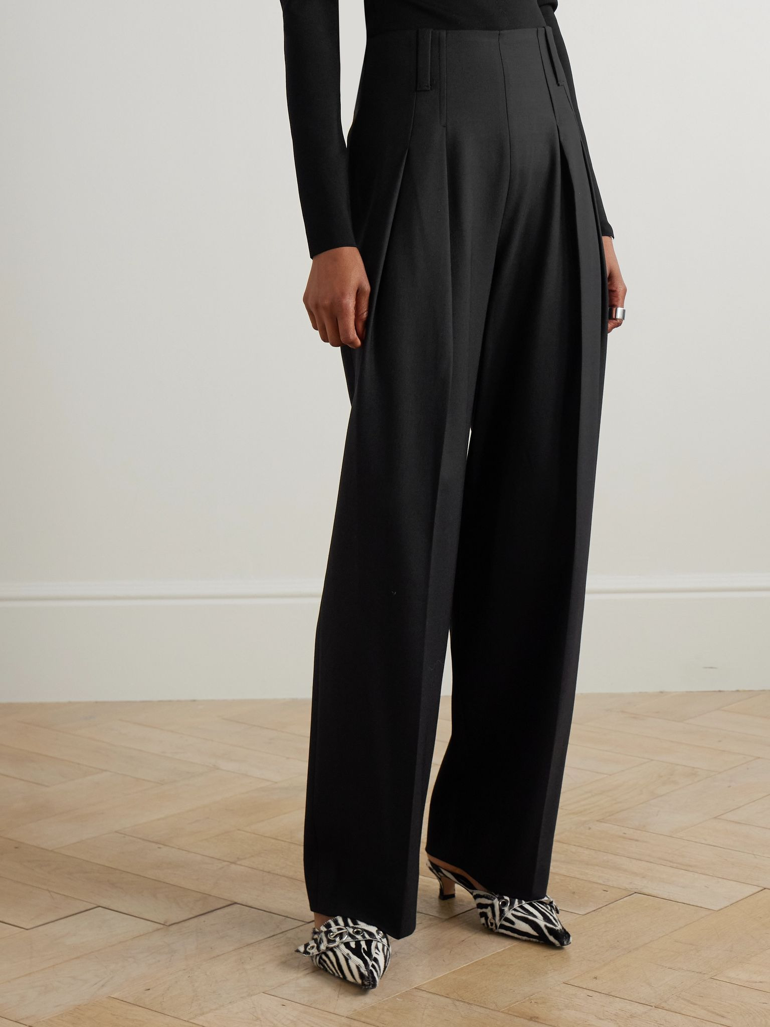 Cinch pleated twill wide-leg pants Black - 3