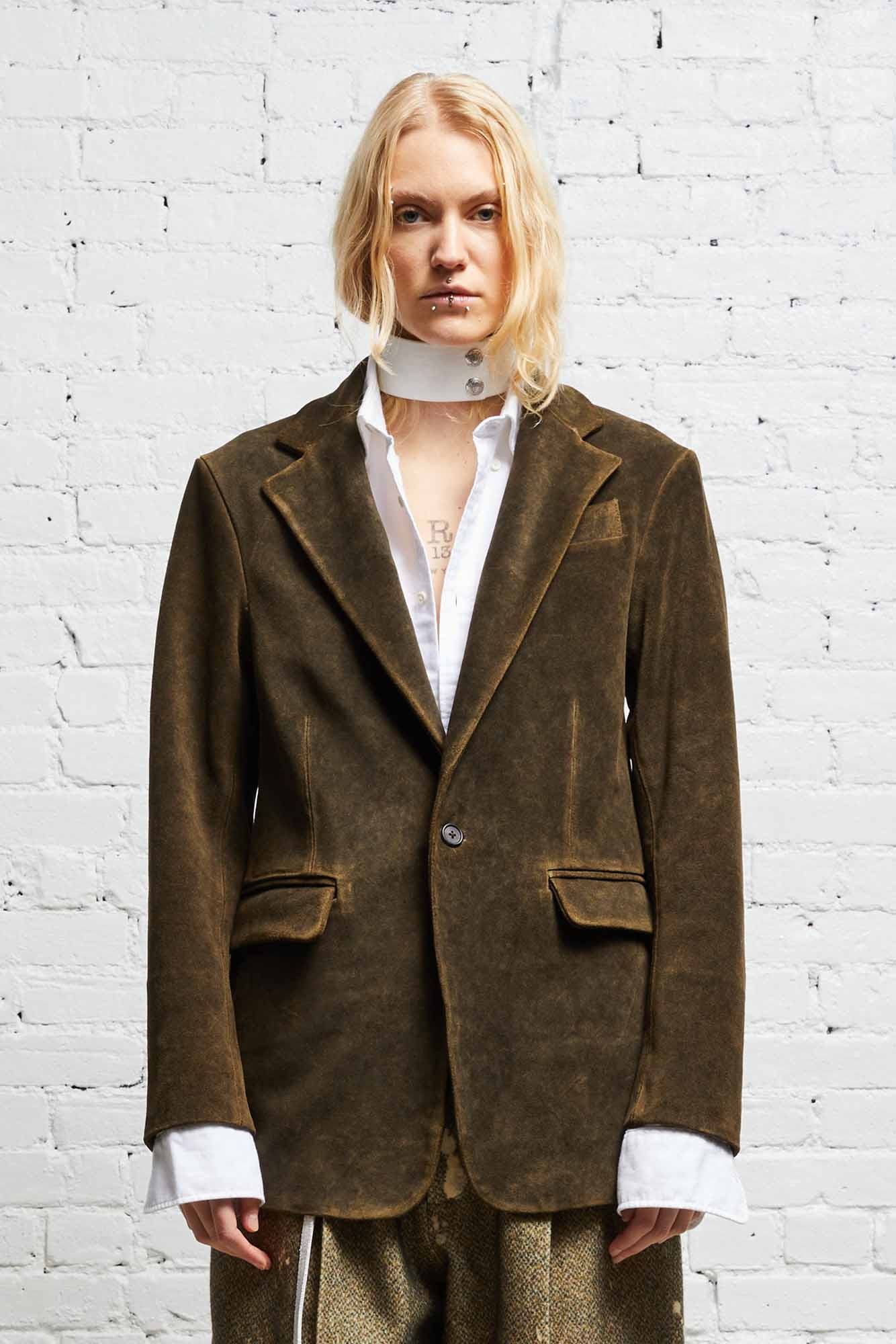 LEATHER SHRUNKEN BLAZER - BROWN - 1