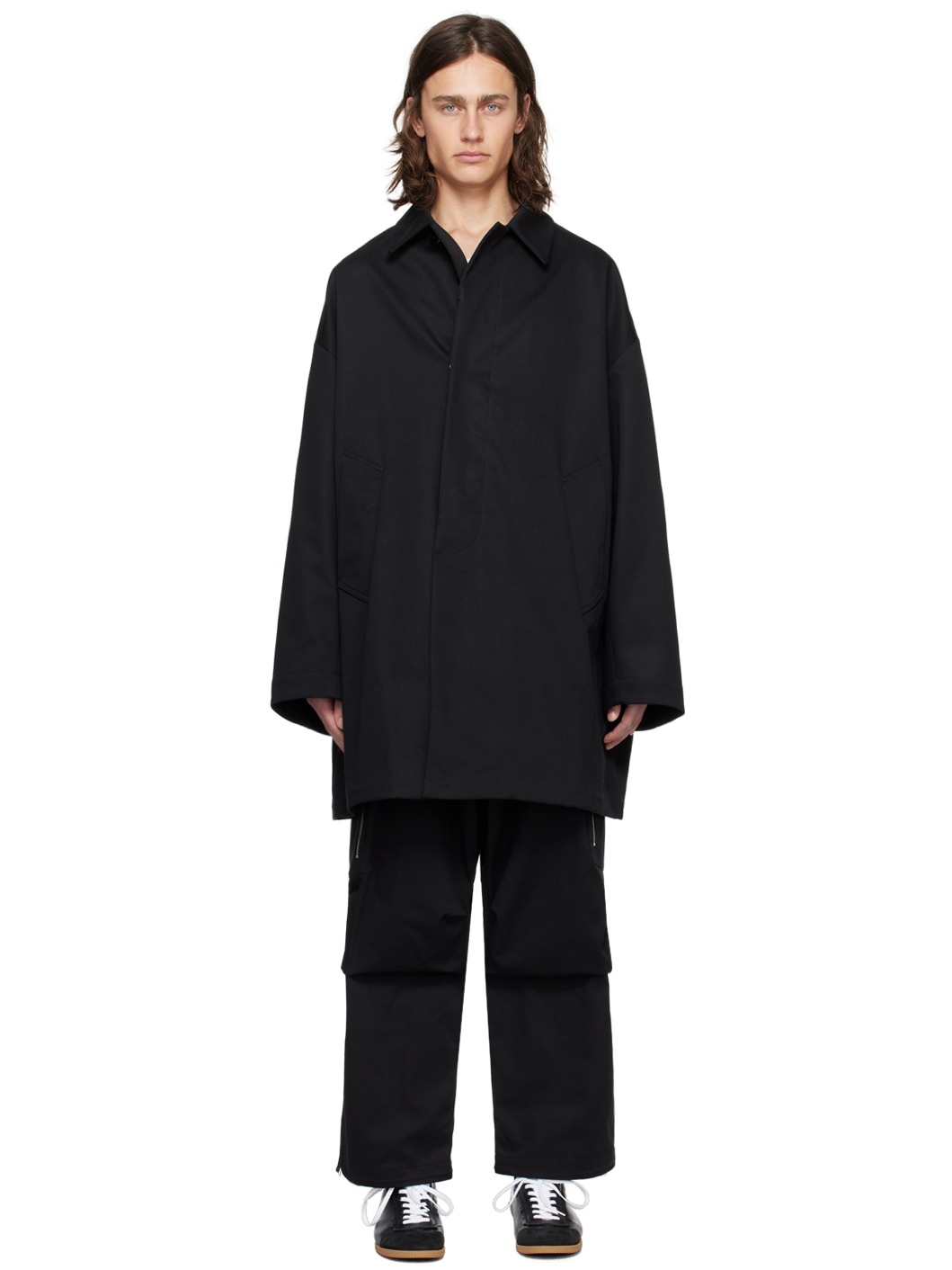 Black Spread Collar Coat - 1