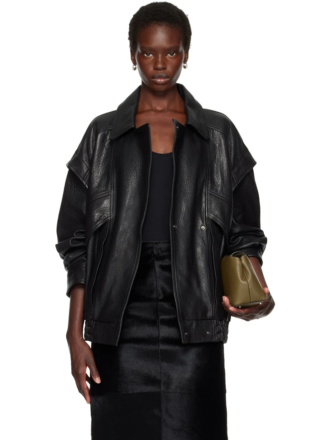 Black Micah Leather Bomber Jacket - 1