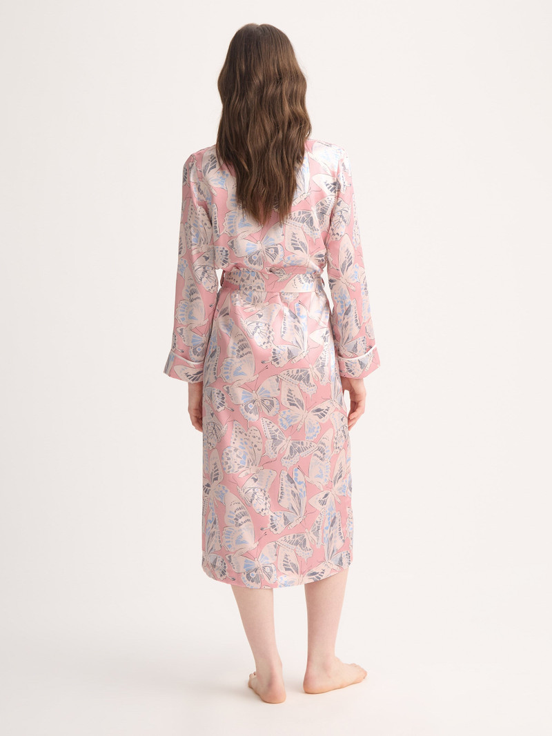 Women's Long Robe Silk Pink Multicolor Butterfly 1