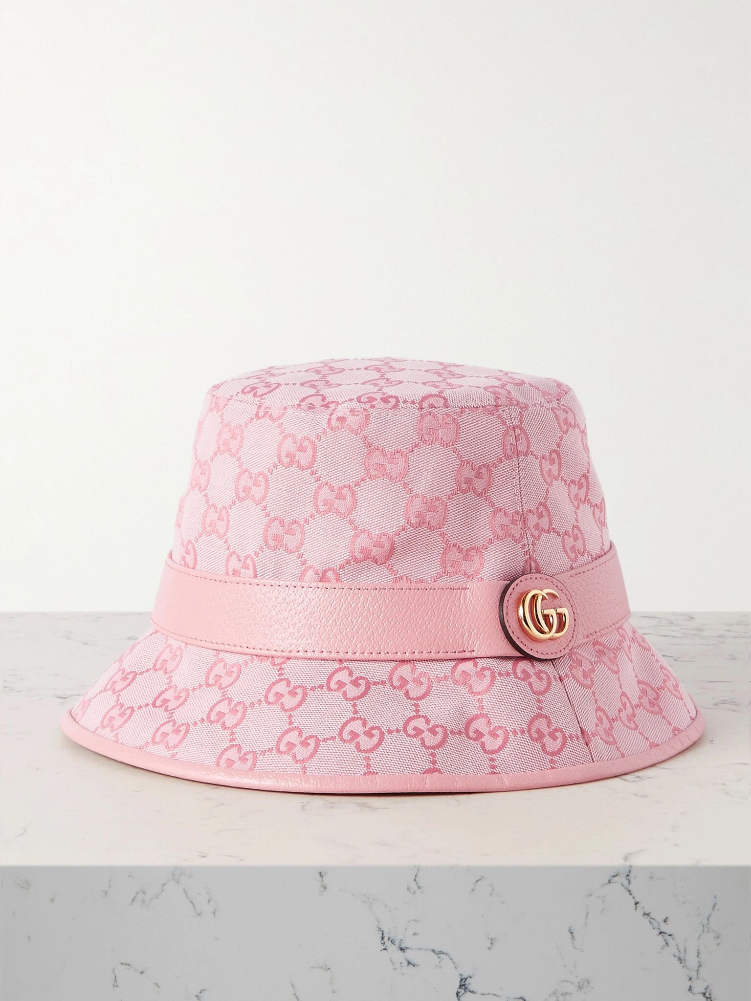 Leather-trimmed cotton-blend canvas-jacquard bucket hat Pink - 1